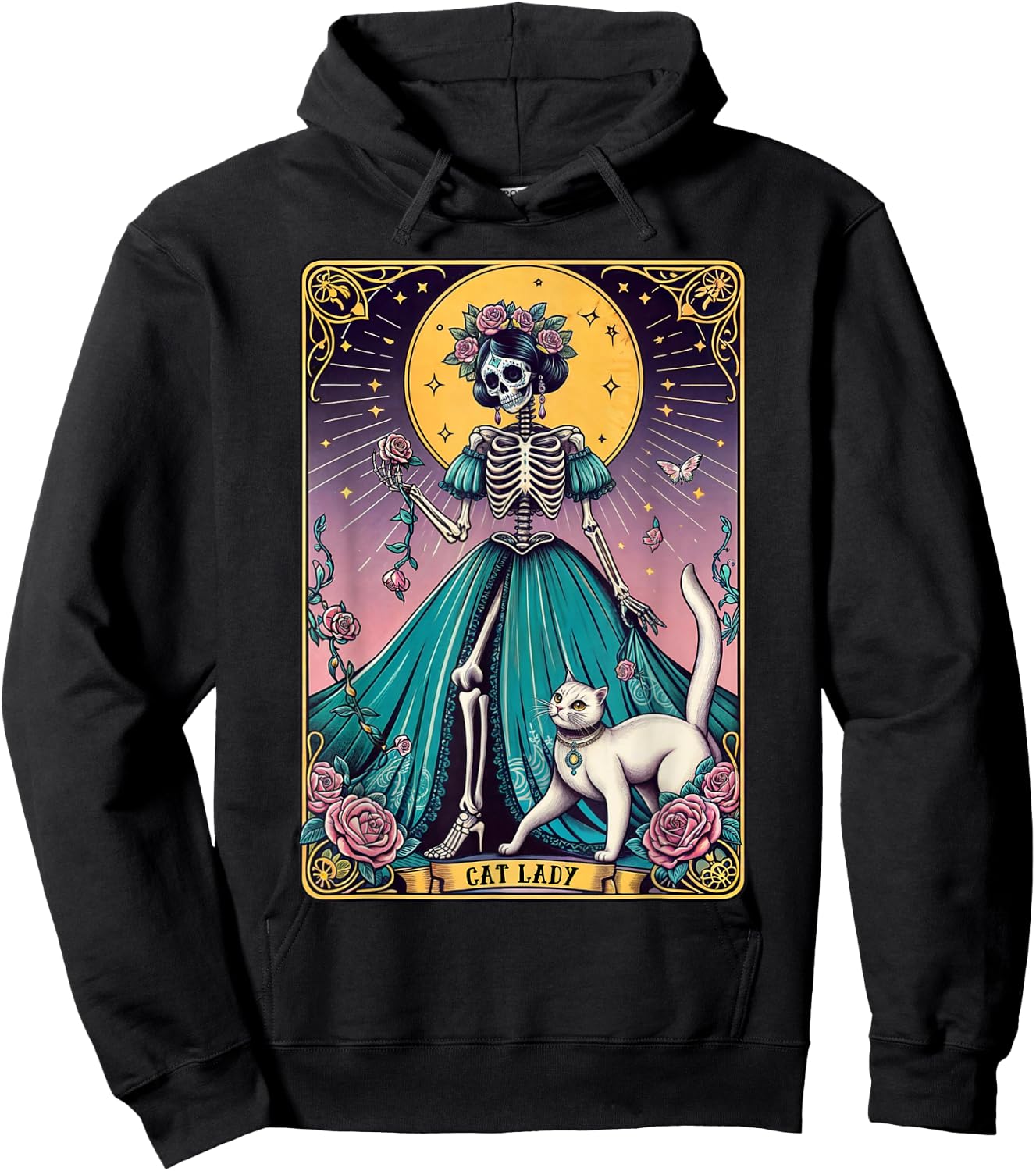 Cat Lady Tarot Card Skeleton Woman Funny Cat Lover Hoodie - Hoodie | Black