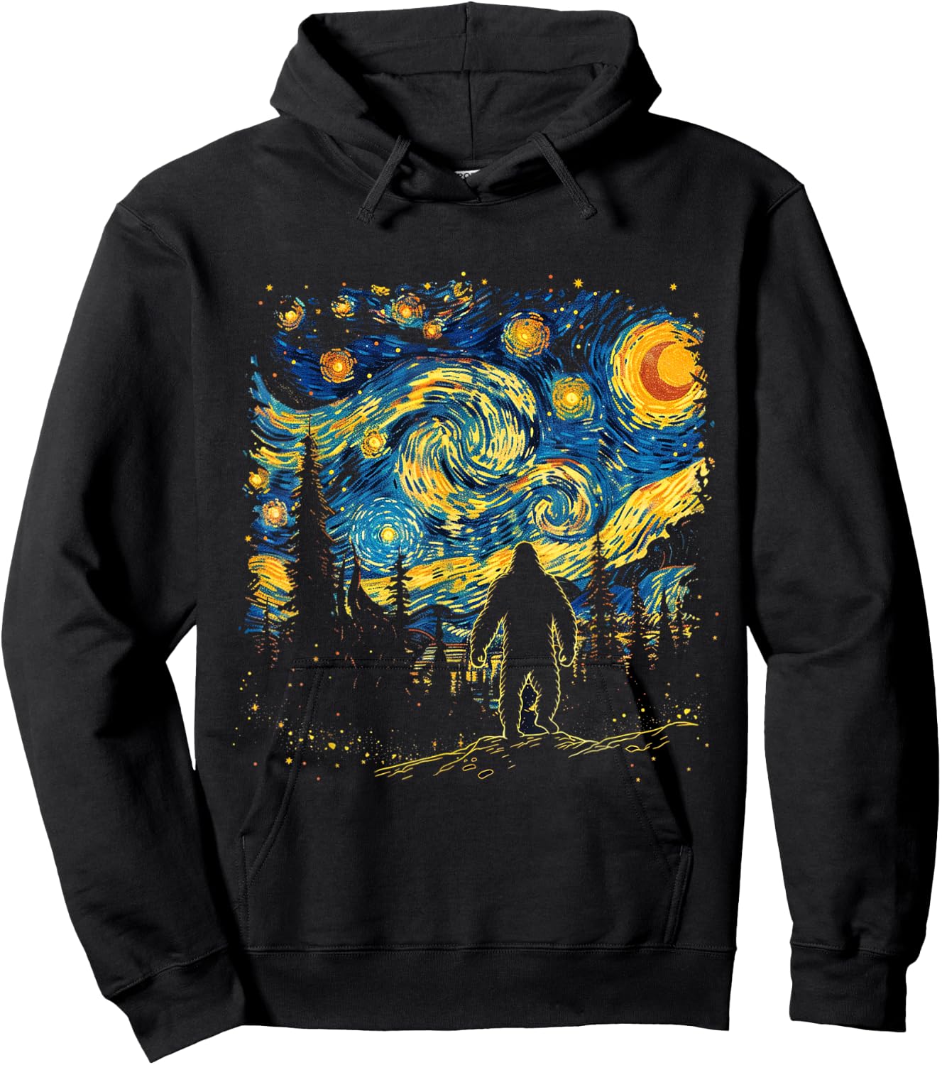 Funny Bigfoot Starry Night Sasquatch Van Gogh Sky Painting Hoodie - Hoodie | Black