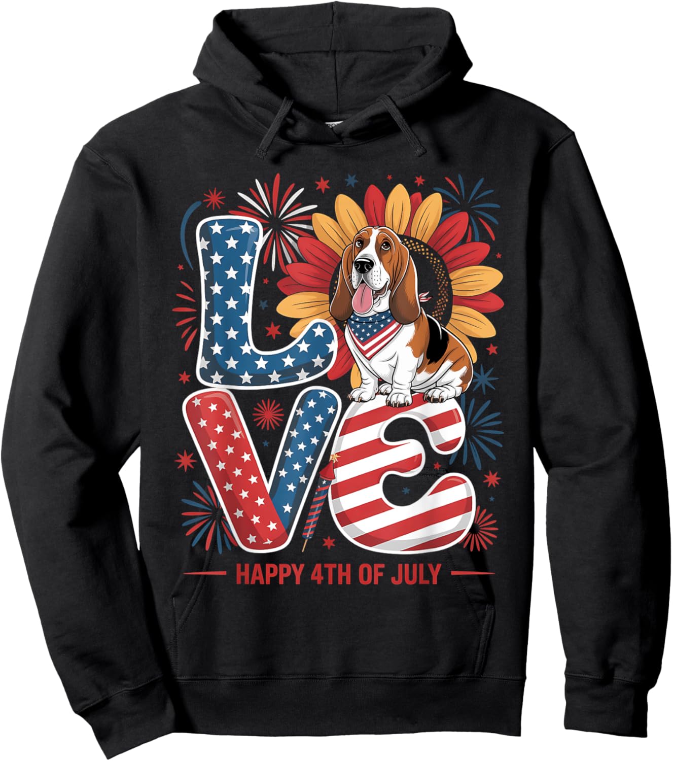 Funny Love Basset Hound Dog USA Flag Patriotic 4th Of July Women Kids Hoodie - Hoodie | Black
