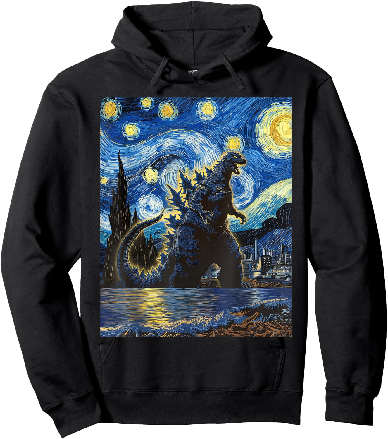 Vintage Japanese Monster Kaiju in Van Gogh Starry Night Art Hoodie - Hoodie | Black