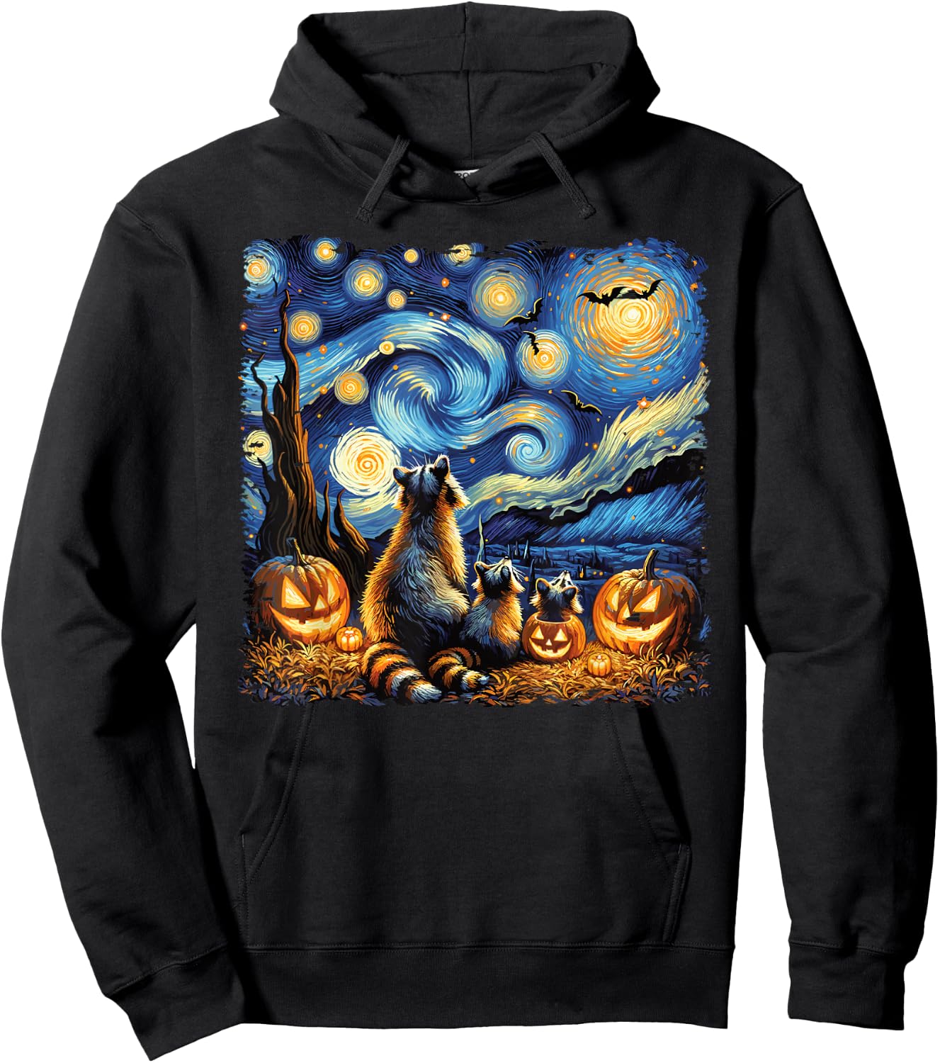 Halloween Fall Raccoon Van Gogh Starry Night Bats & Pumpkins Hoodie - Hoodie | Black