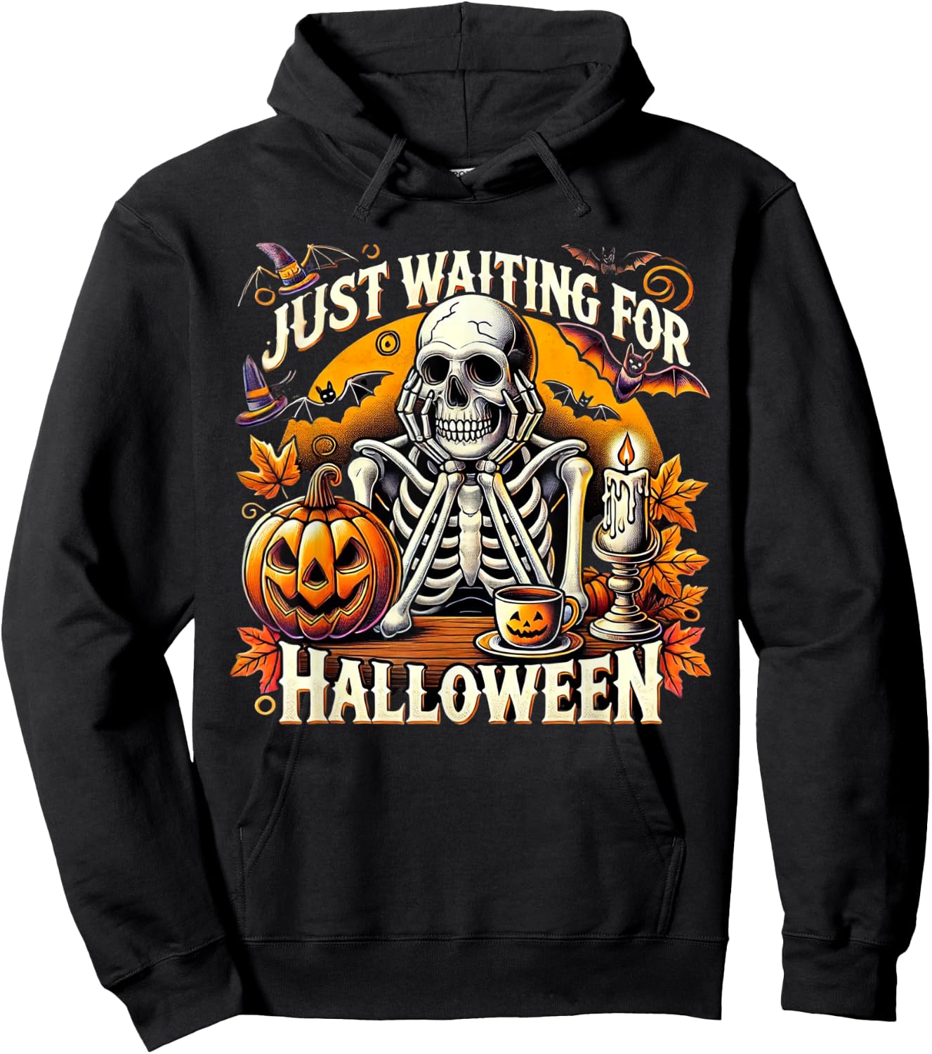 Just Waiting for Halloween Skeleton Coffee Spooky Season Hoodie - Hoodie | Black