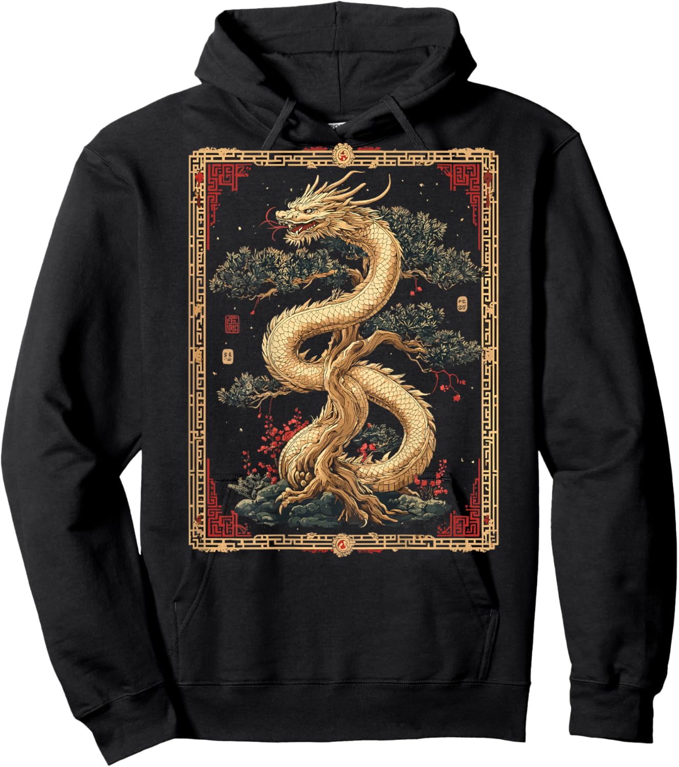 Chinese Dragon Bonsai Back Printed Graphic Hoodie - Hoodie | Black
