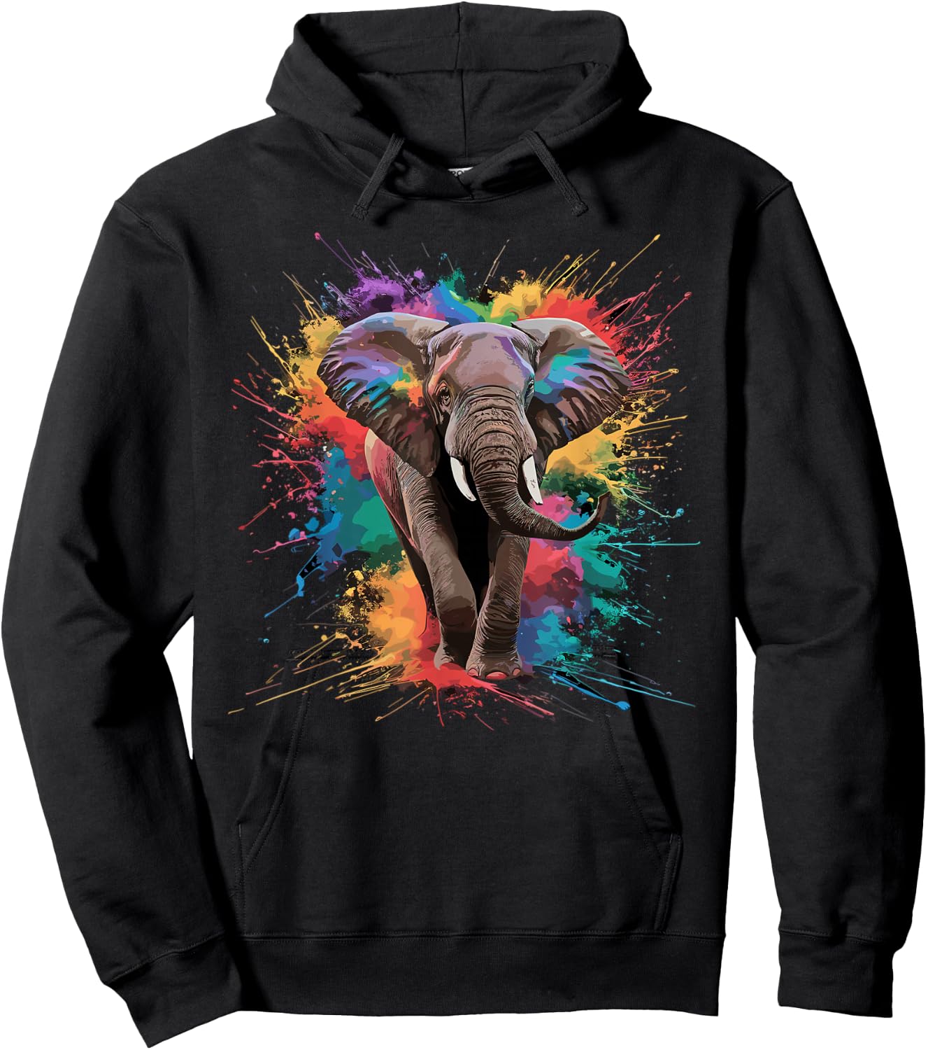 Colorful Paint Splash Elephant Art Graphic Hoodie - Hoodie | Black