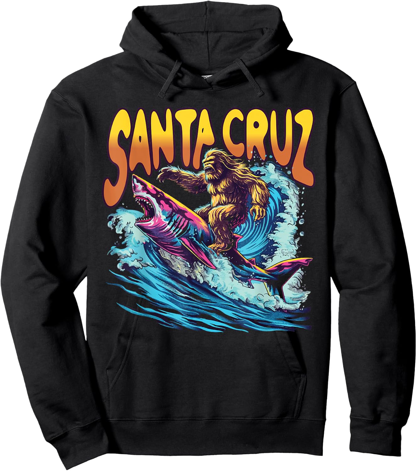 Santa Cruz California Summer Surfing Bigfoot Shark Men Women Kids Hoodie - Hoodie | Black