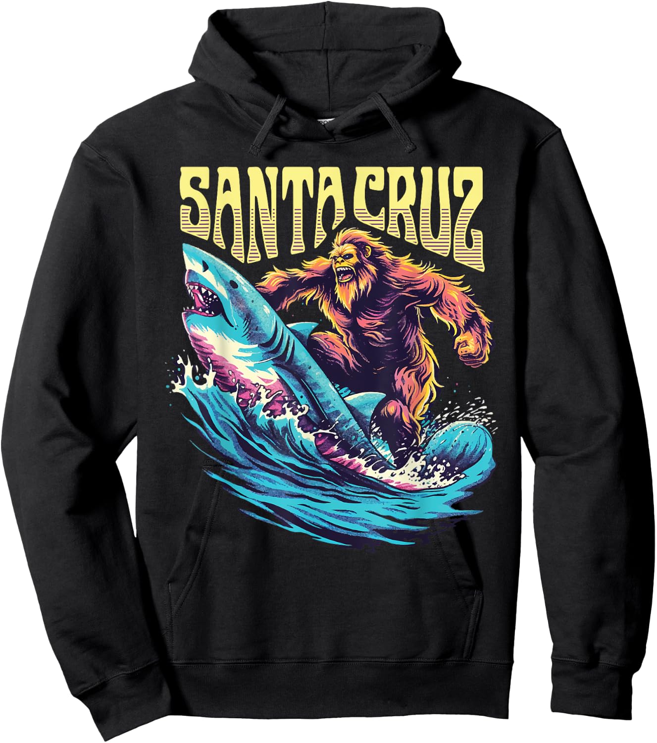 Santa Cruz California Summer Surfing Bigfoot Shark Women Kids Hoodie - Hoodie | Black