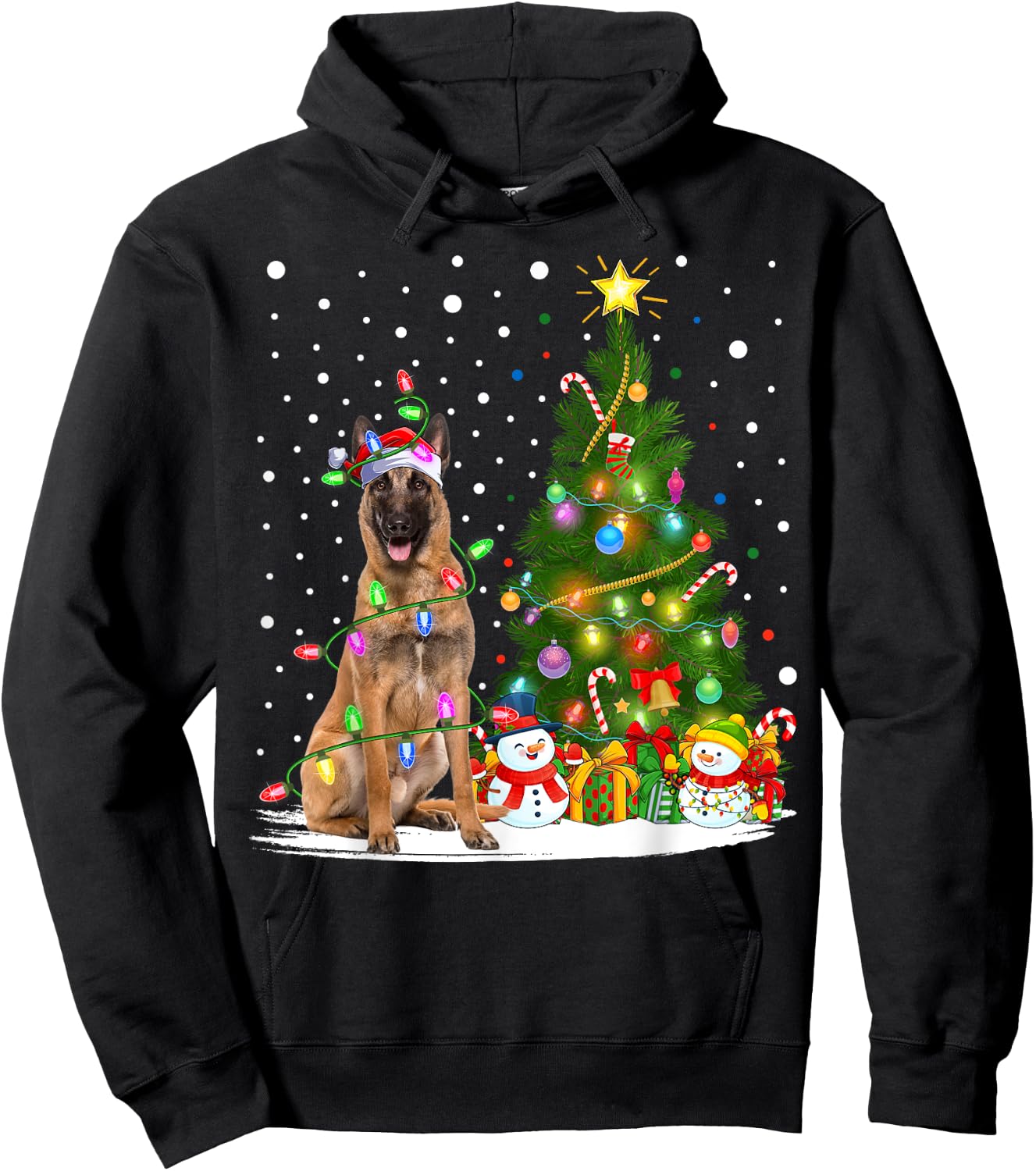 Lighting Xmas Tree Santa Belgian Malinois Dog Christmas Men Women Kids Hoodie - Hoodie | Black