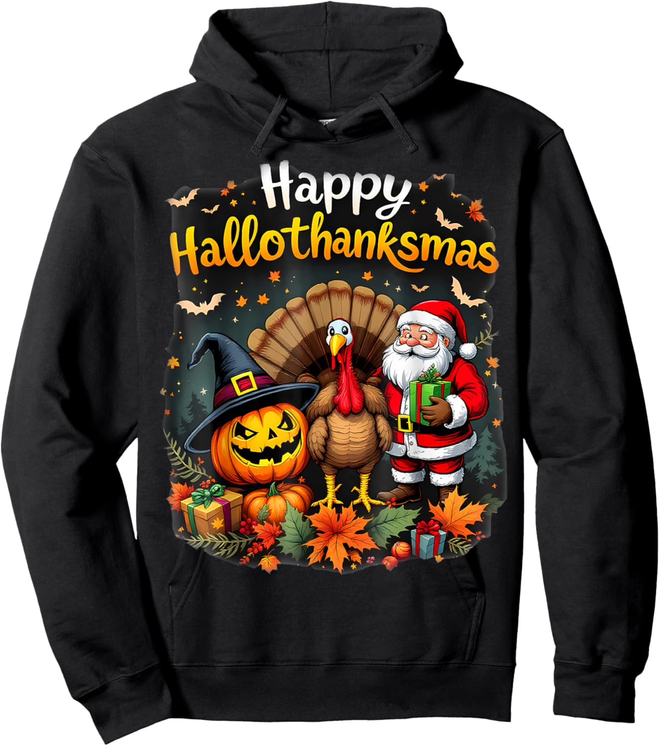 Happy Hallothanksmas Thanksgiving Halloween Merry Christmas Hoodie - Hoodie | Black