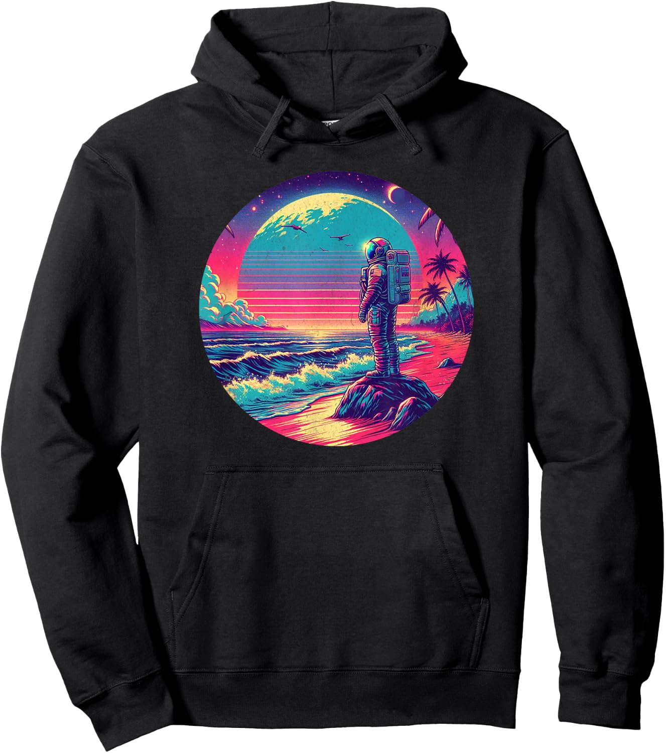 Synthwave Astronaut on the Beach, 1980s Retro Hoodie - Hoodie | Black
