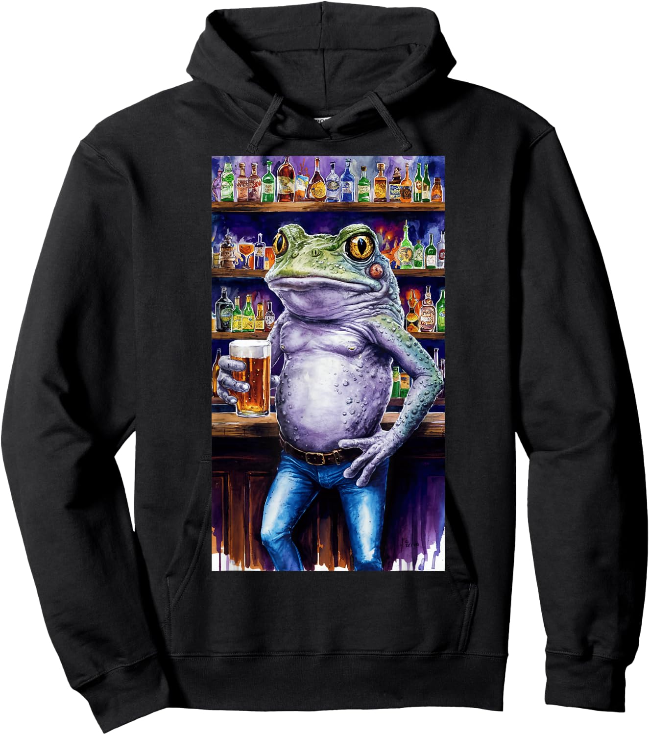 Frog Standing In A Bar Holding A Beer Adult Image Hoodie - Hoodie | Black