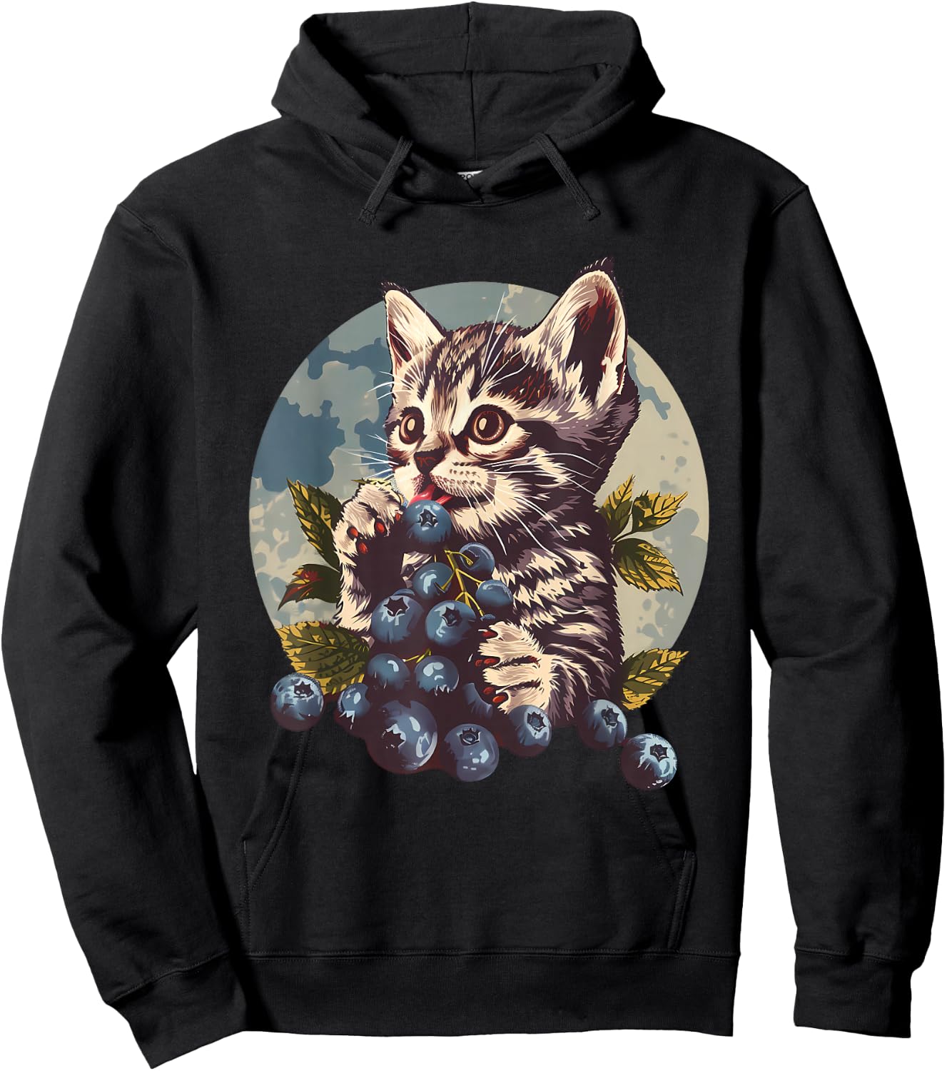 Blueberry Cat Blueberries Portrait Watercolor Animal Art Hoodie - Hoodie | Black