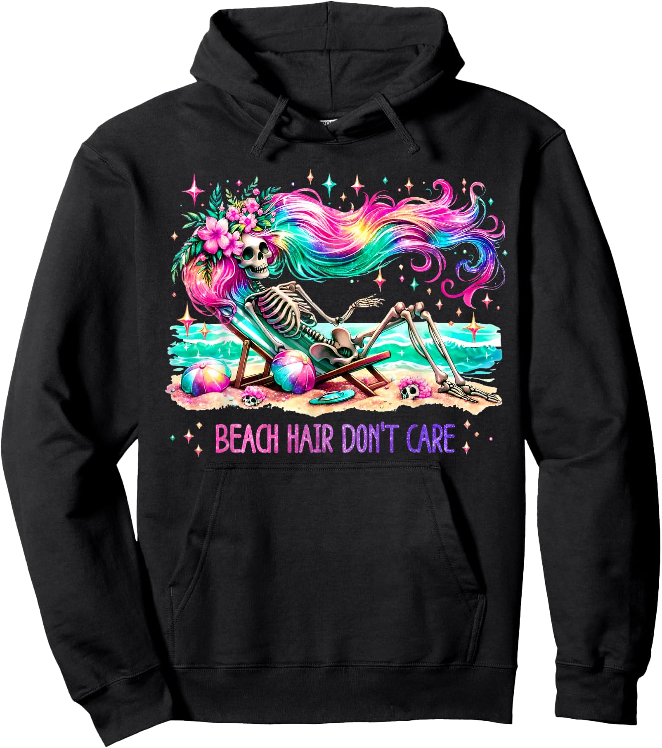 Beach Hair Don't Care Skeleton Woman Summer Vacation Hawaii Hoodie - Hoodie | Black