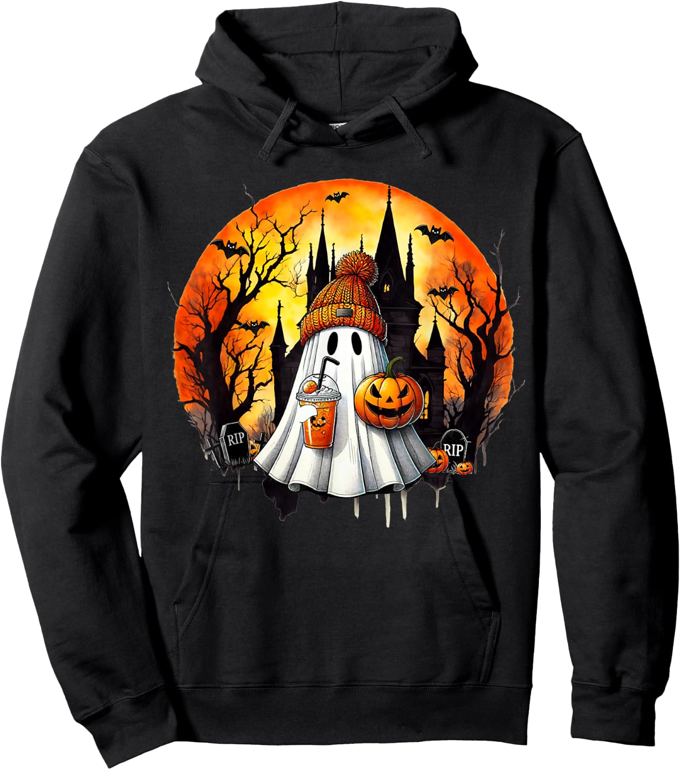 Cute Ghost Drinking Coffee Halloween Ghost Ice Coffee Hoodie - Hoodie | Black