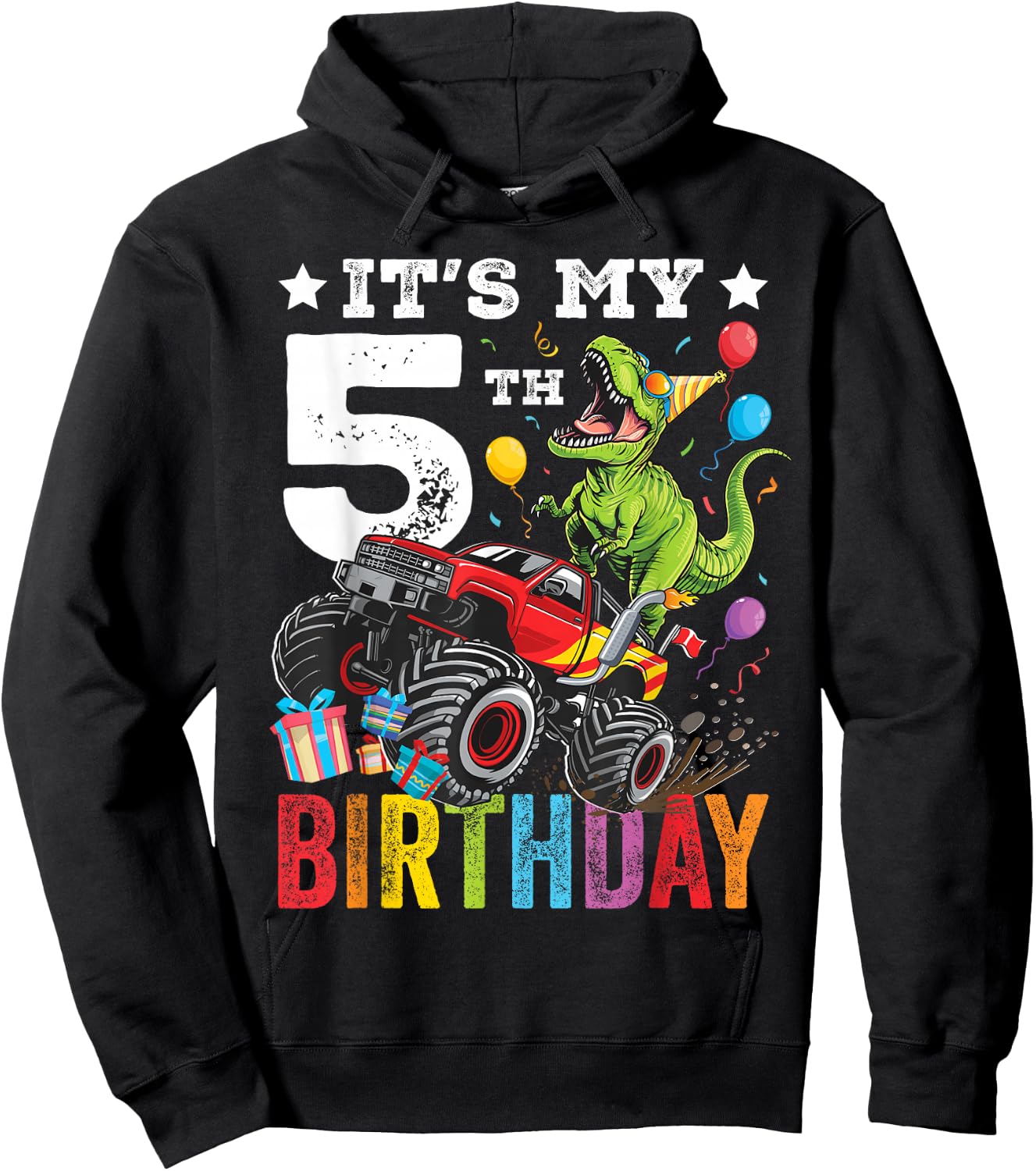 Five 5th Birthday Dinosaur Monster Truck Hoodie - Hoodie | Black