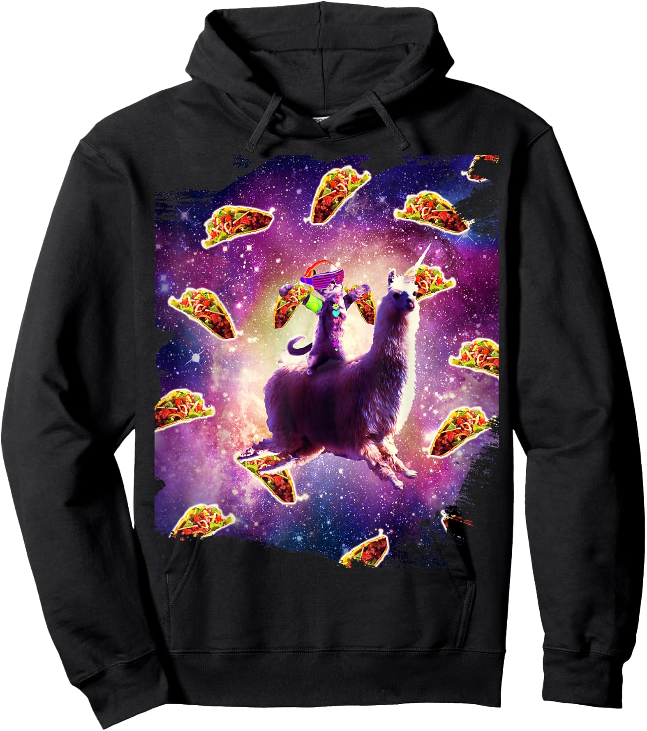 Rave Space Cat On Llama Unicorn - Taco Hoodie - Hoodie | Black