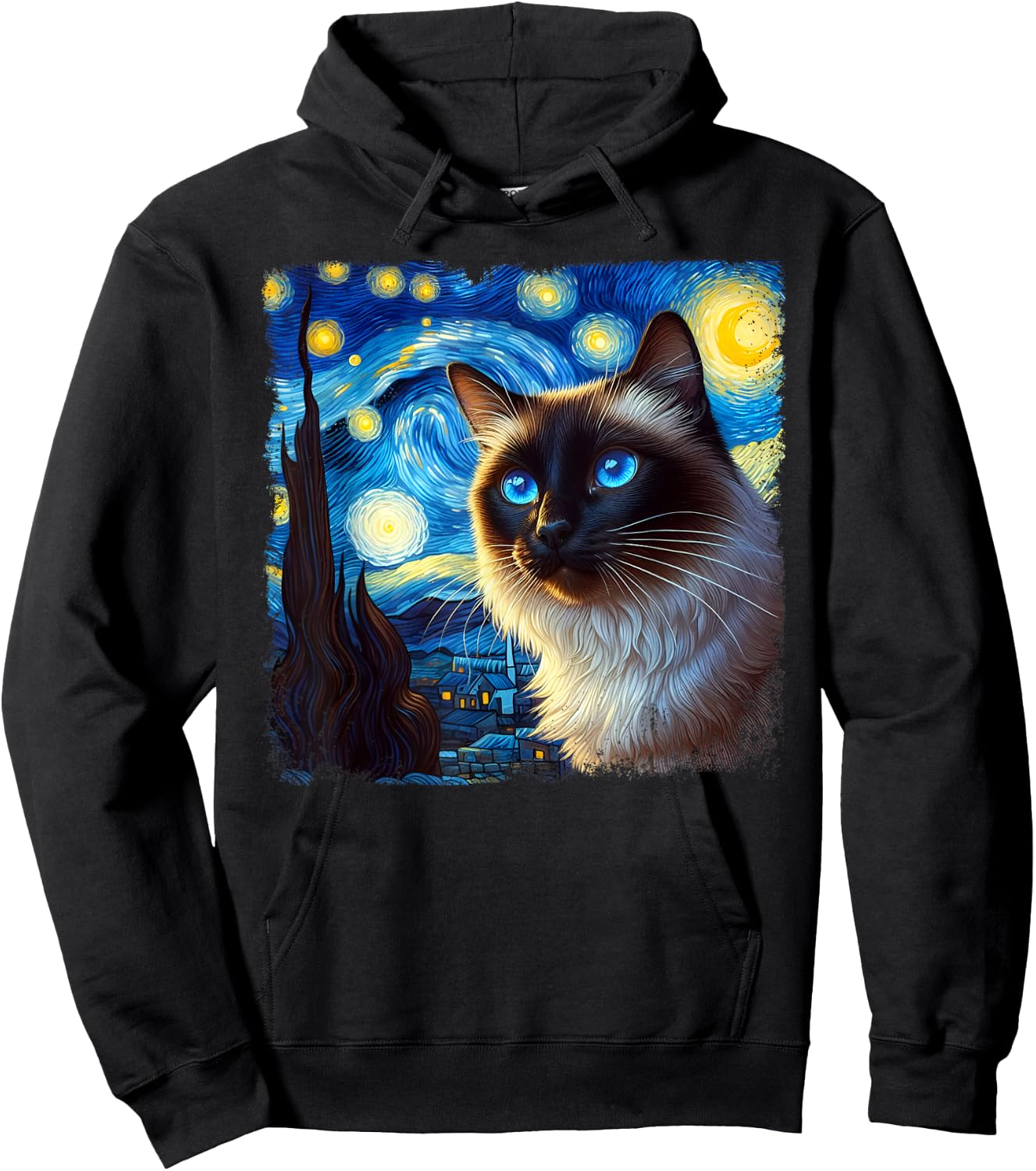 Funny Cute Siamese Cat Starry Night Van Gogh Painting Hoodie - Hoodie | Black