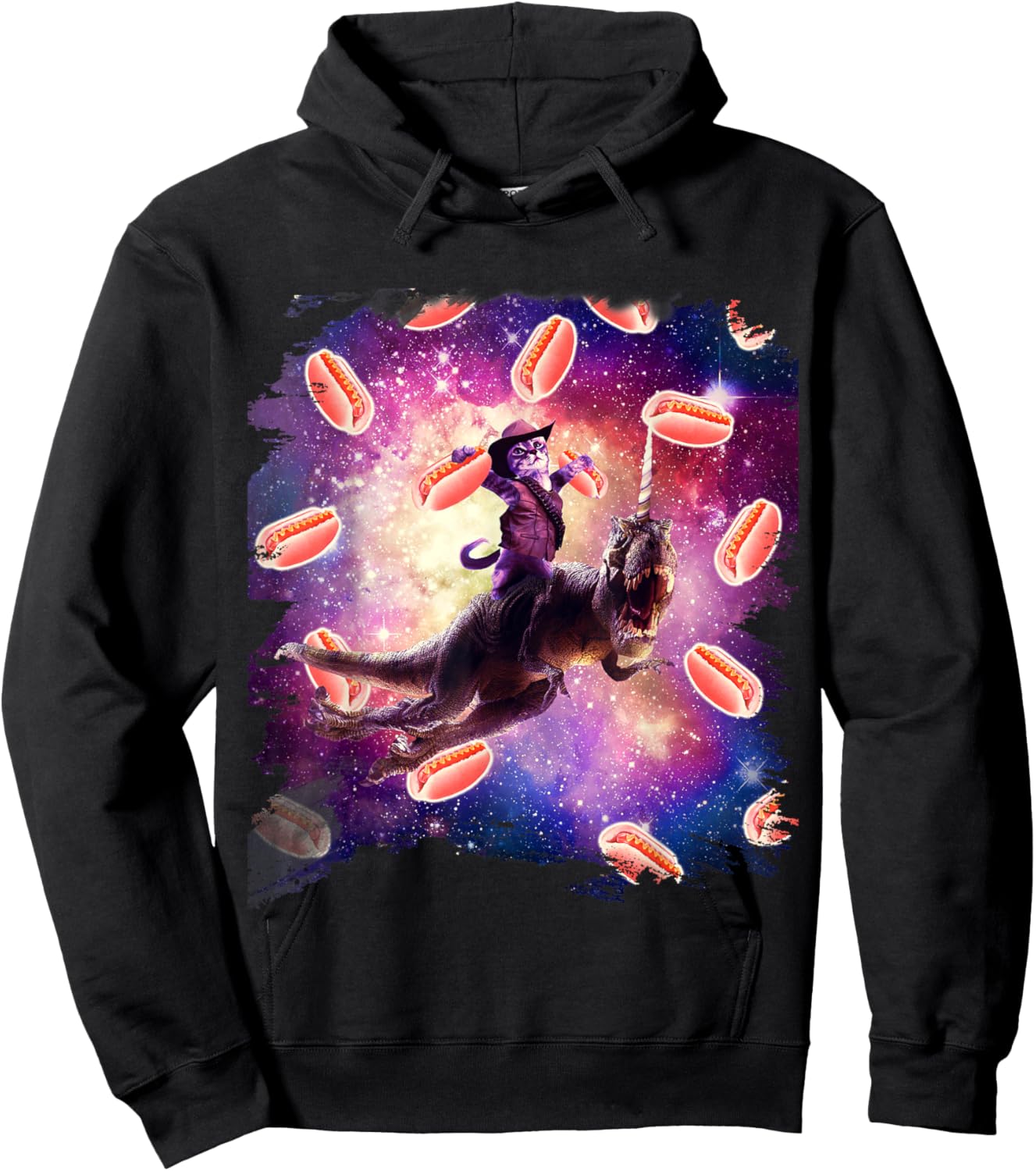 Cowboy Space Cat On Dinosaur Unicorn - Hotdog Hoodie - Hoodie | Black