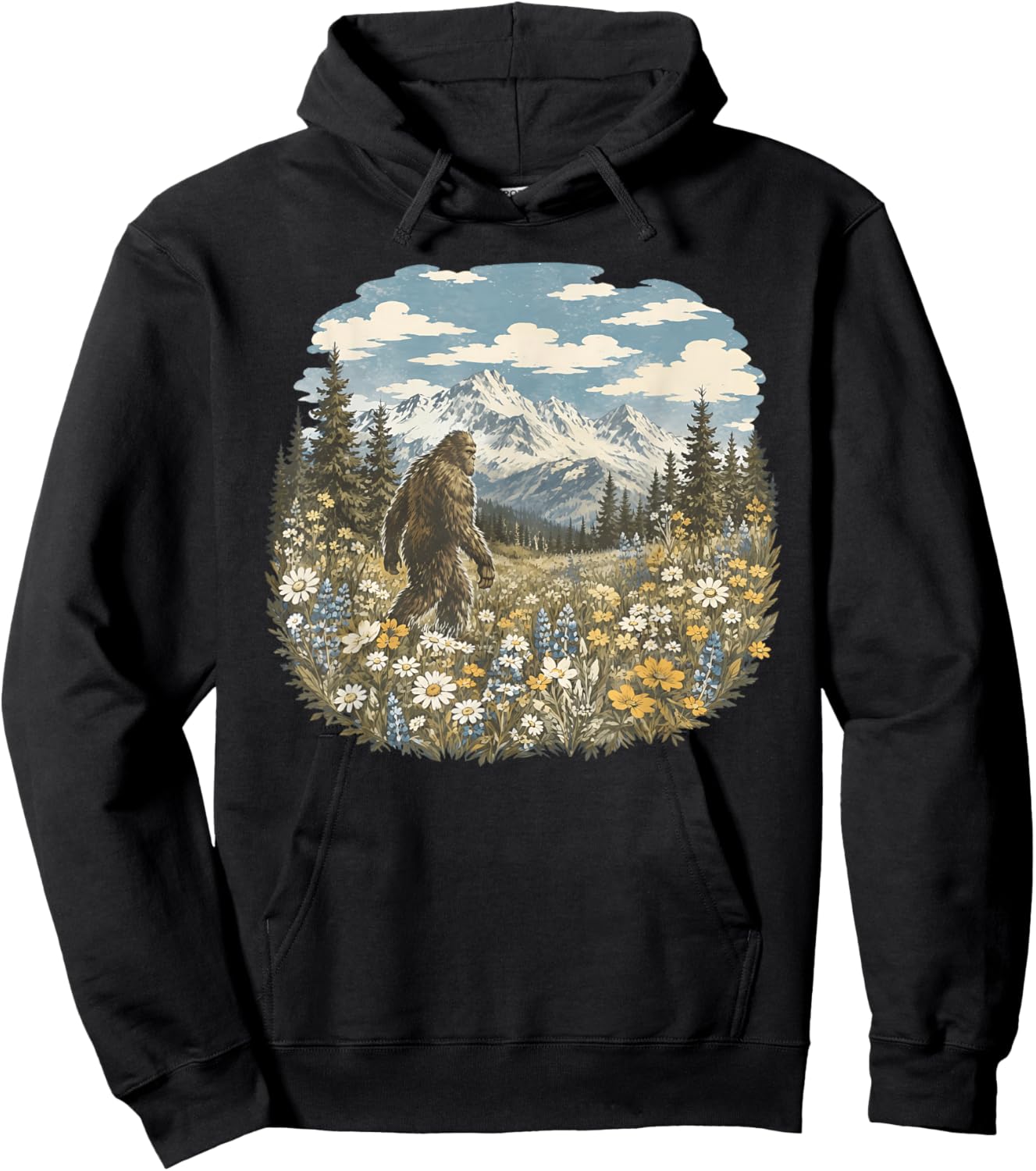 Vintage Sasquatch Floral Bigfoot Walks in A Field of Flowers Hoodie - Hoodie | Black