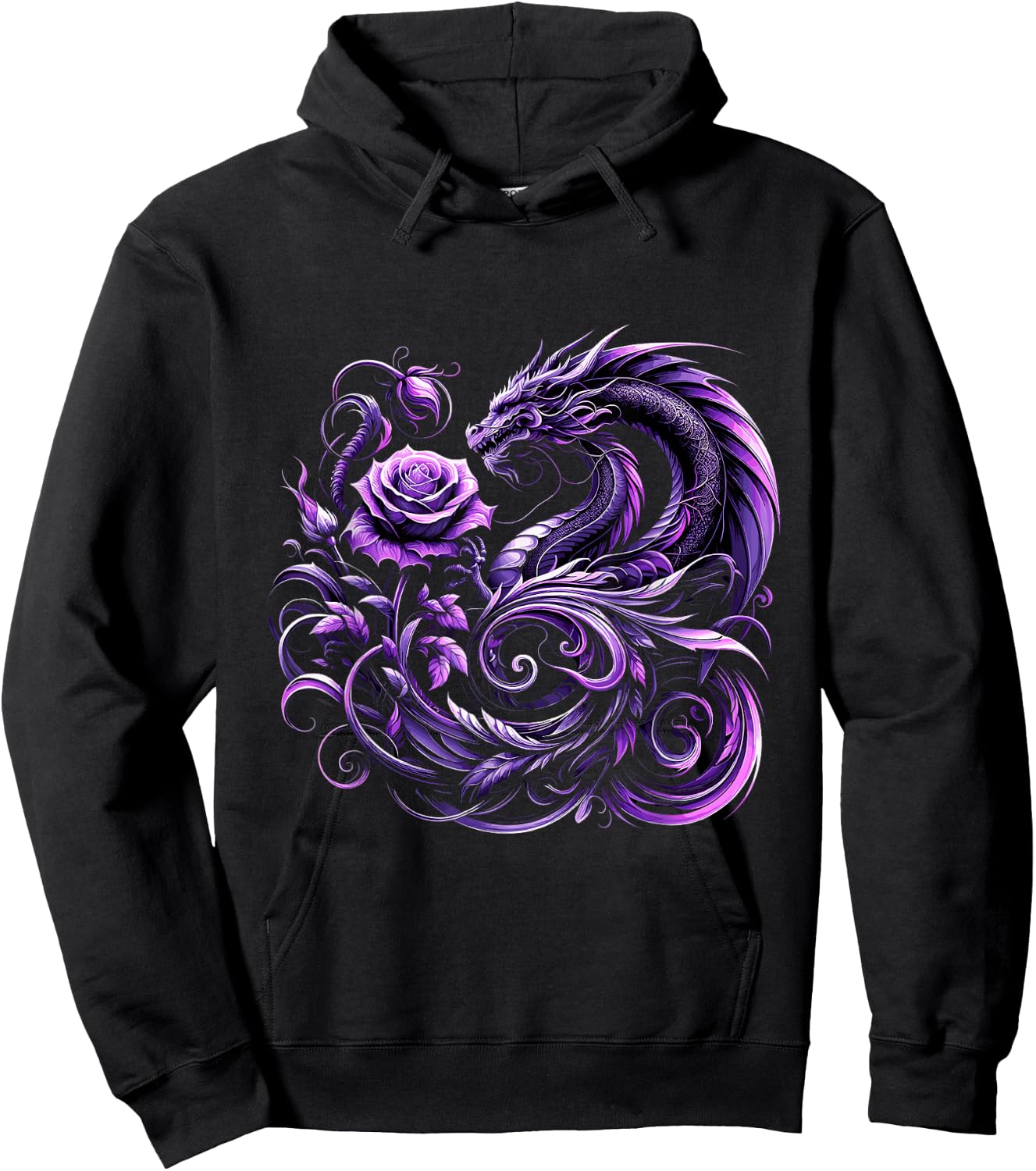 Purple Dragon and Purple Rose Fantasy Hoodie - Hoodie | Black