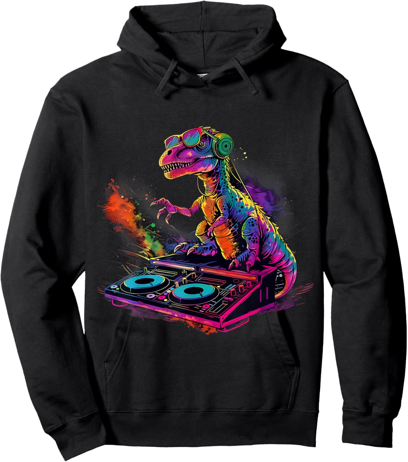 Dinosaur DJ Turntable DJ Dinosaur Artwork House Beatmaker Hoodie - Hoodie | Black