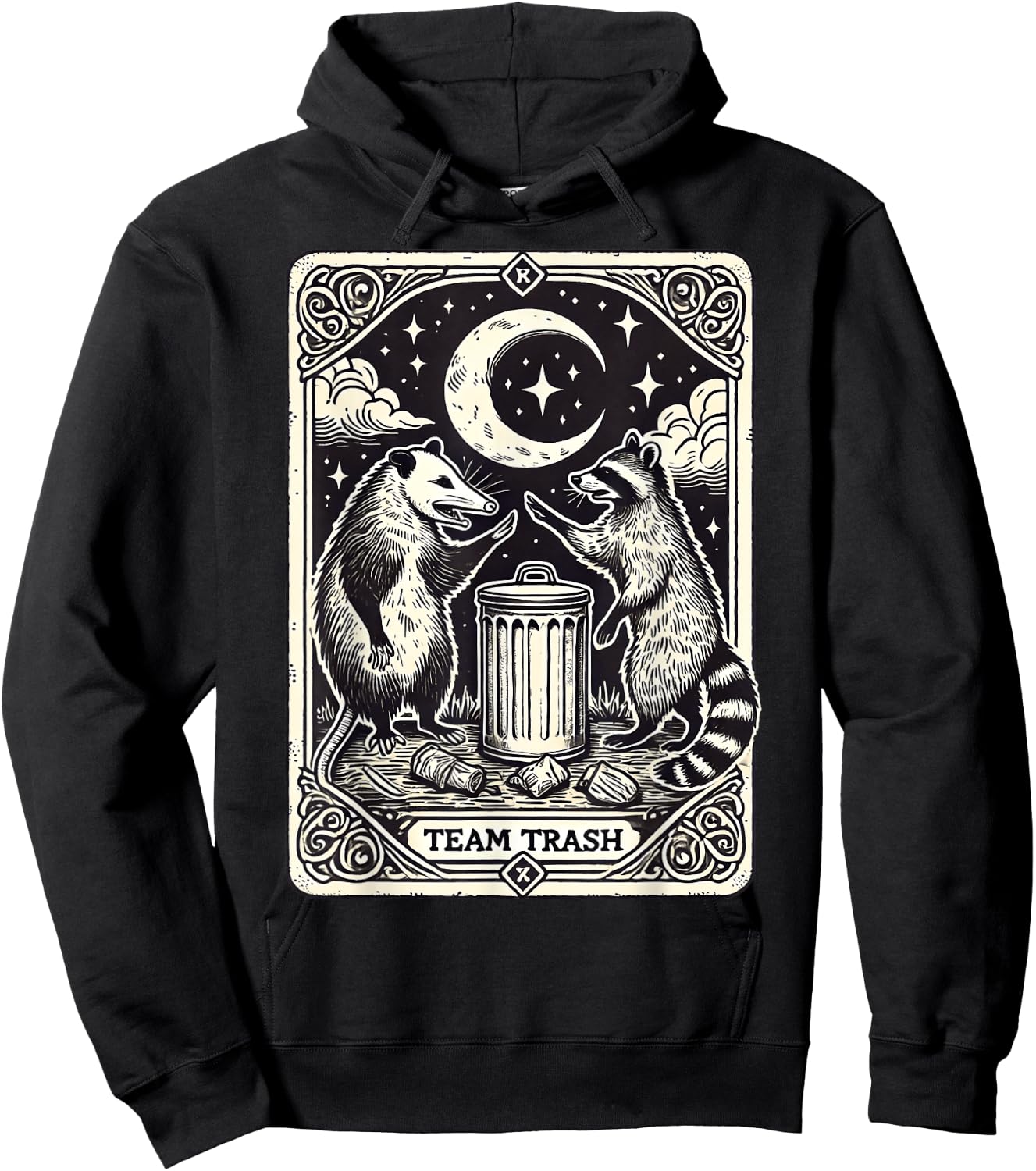 Tarot Card Vintage Team Trash Crescent Moon Opossum Raccoon Hoodie - Hoodie | Black