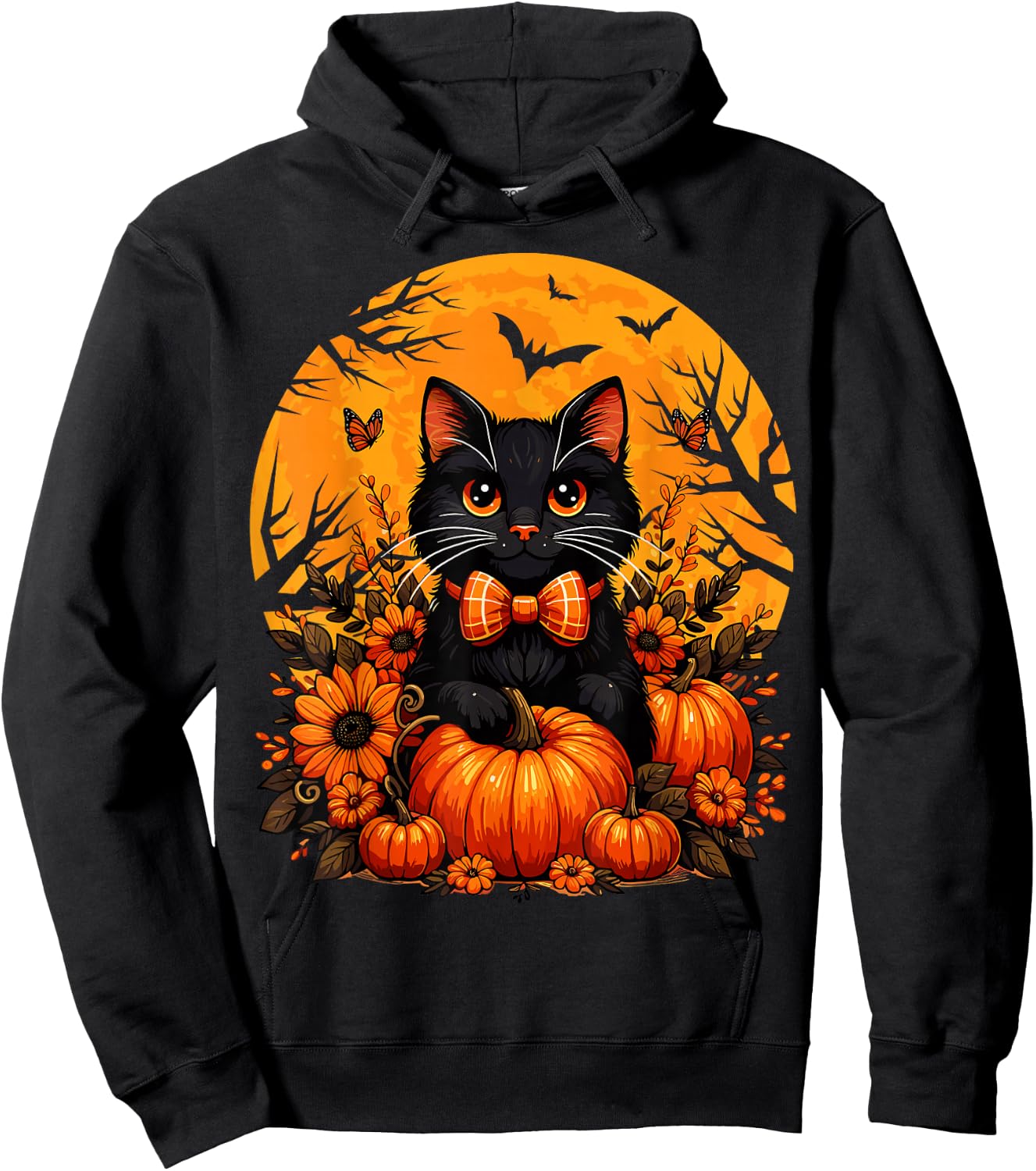 Retro Black Cat Fall Pumpkin Cute Halloween Cat Autumn Hoodie - Hoodie | Black