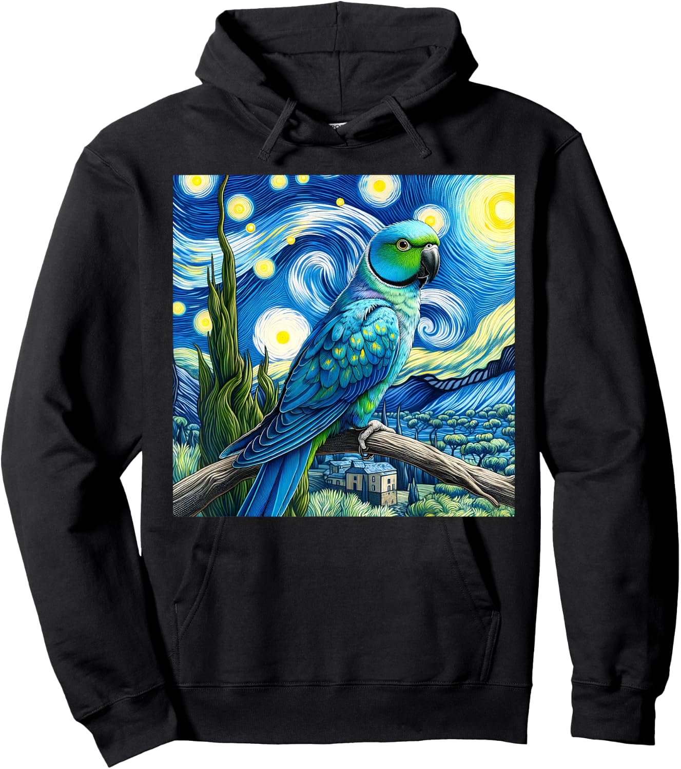 Blue Indian Ringneck Parrot Parakeet Starry Night Van Gogh Hoodie - Hoodie | Black