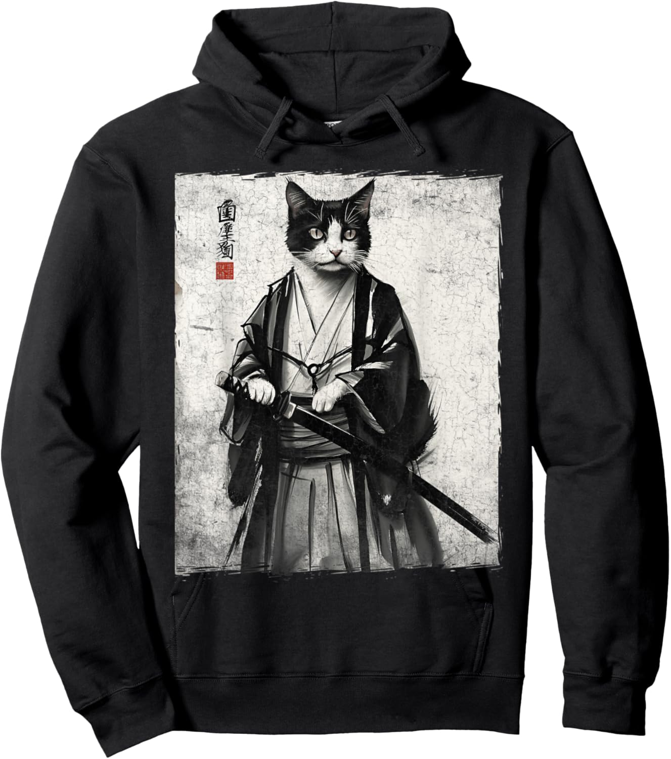 Samurai Cat Ukiyo-e Warrior Art Vintage Ninja Cat Graphic Hoodie - Hoodie | Black