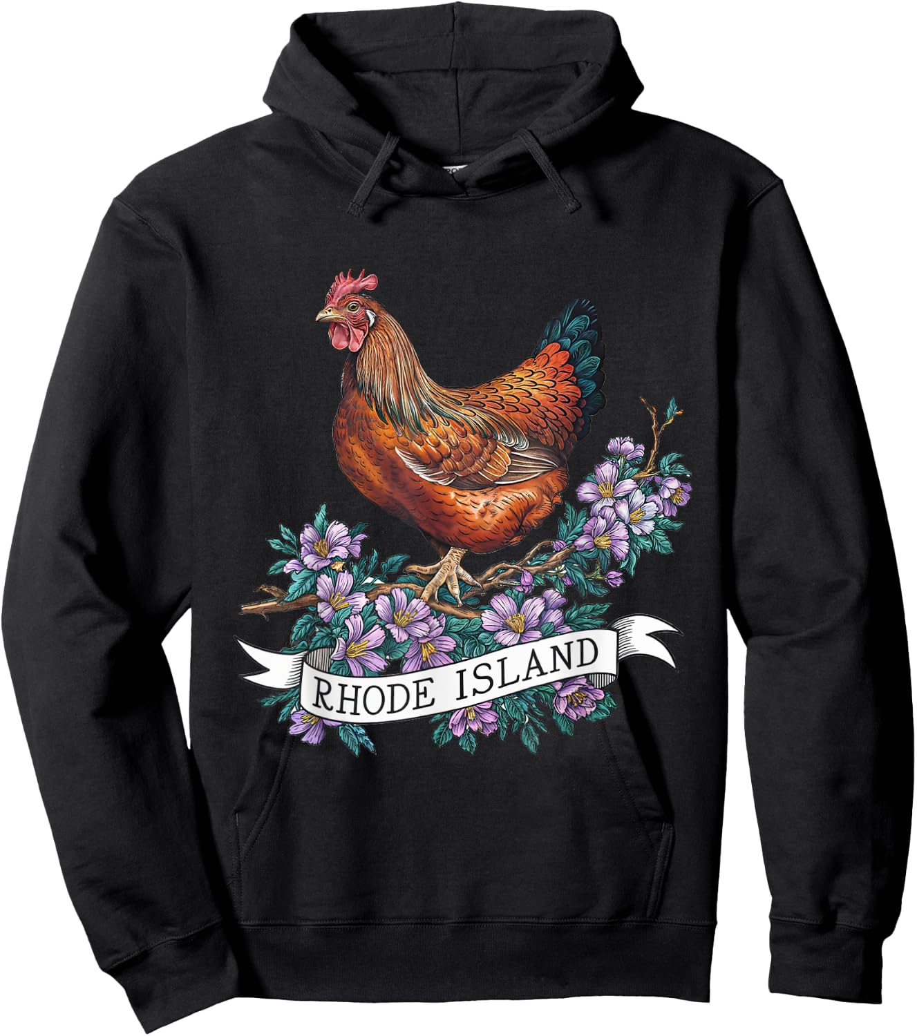 Rhode Island Red Chicken Bird and Violet Flower Hoodie - Hoodie | Black