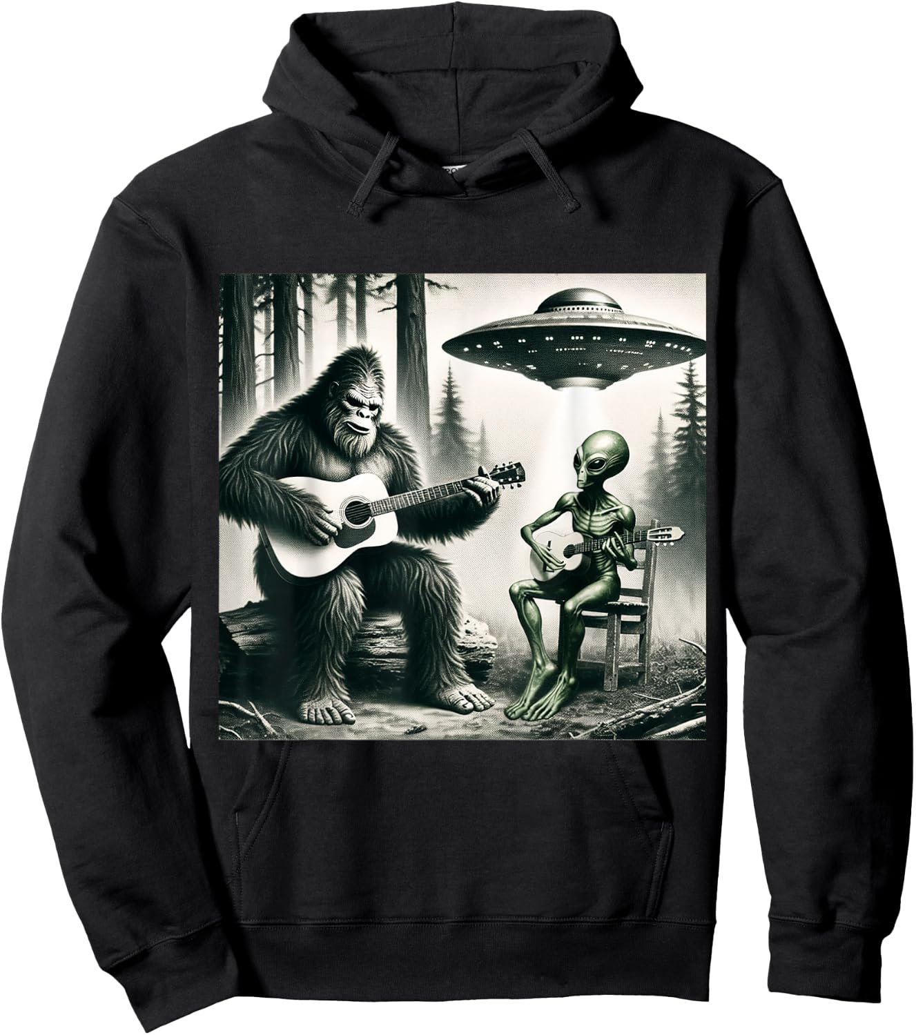 Funny Bigfoot And Alien Playing Electric Guitar. Bigfoot UFO Hoodie - Hoodie | Black