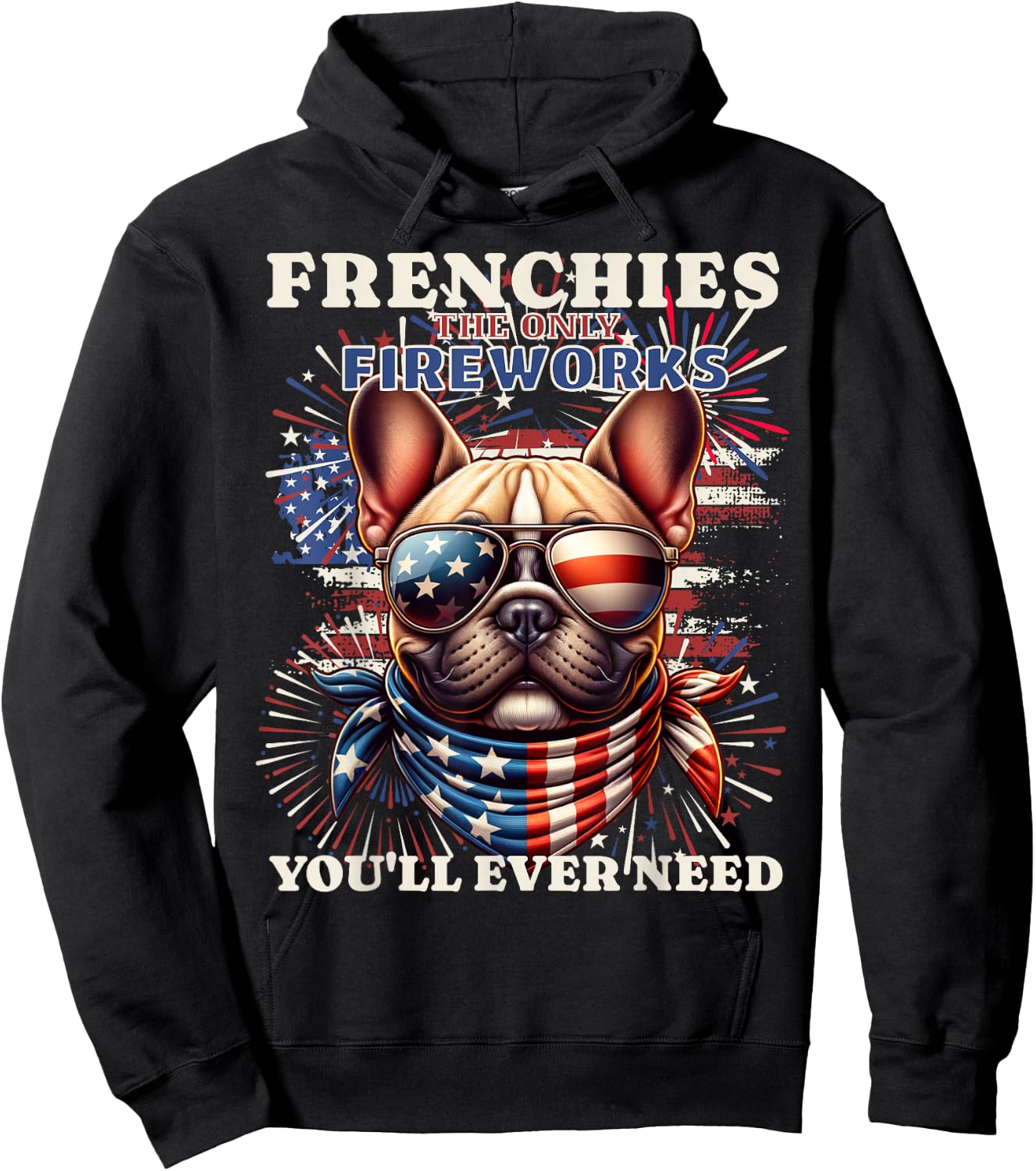 Frenchie Bulldog Patriotic 4th of July Fireworks USA Flag Hoodie - Hoodie | Black