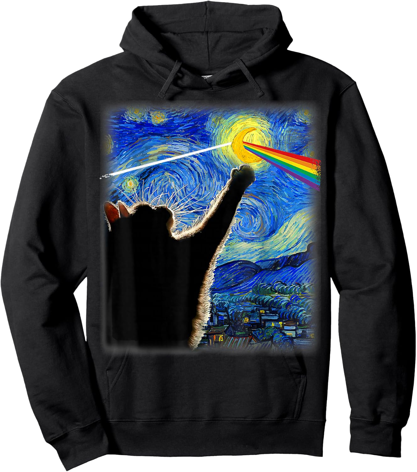 Cat Rock Music Cat Starry Night Van Gogh Art Funny Cat Gifts Women Kids Hoodie - Hoodie | Black