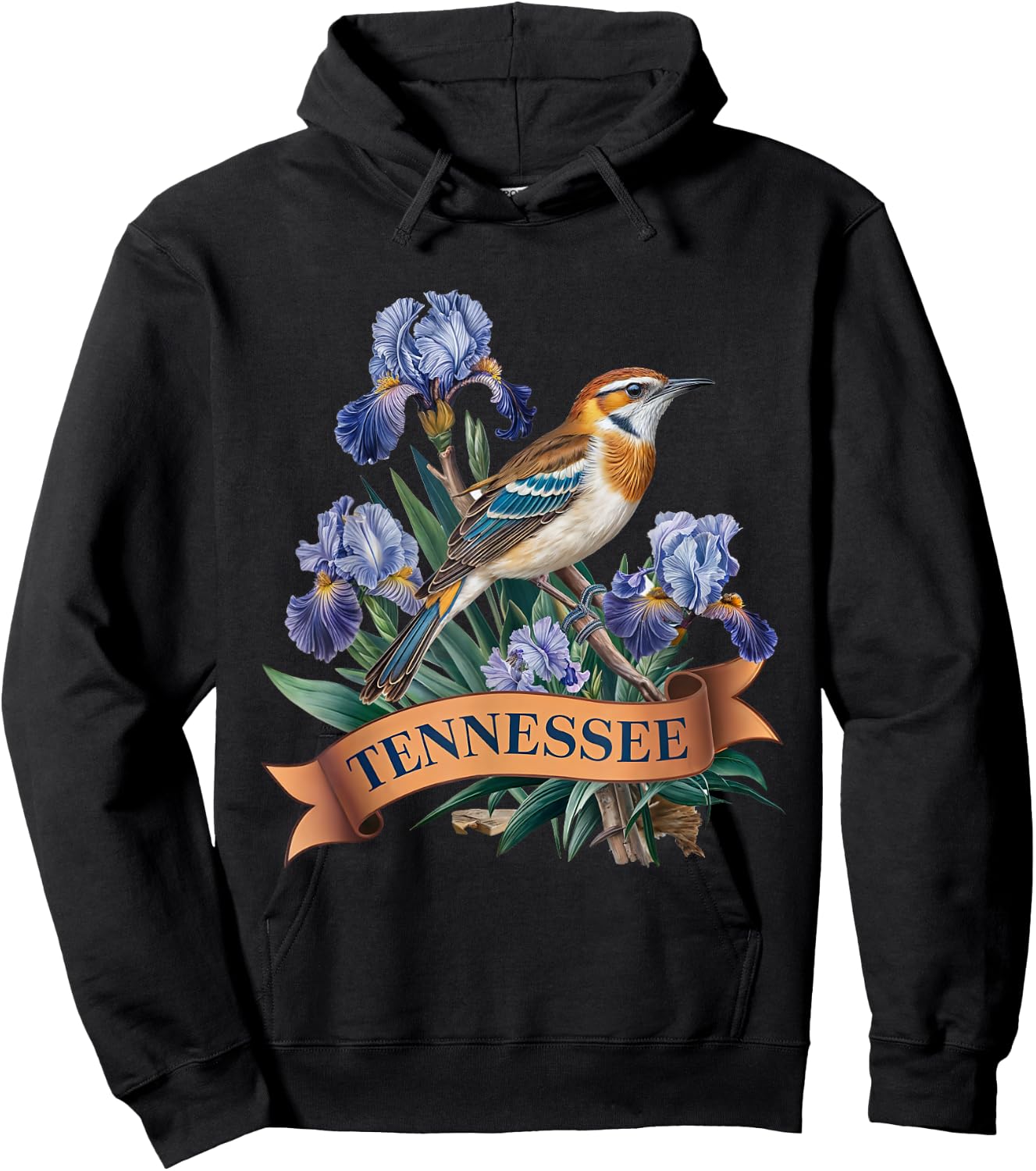 Tennessee Northern Mockingbird Bird and Iris Flower Hoodie - Hoodie | Black
