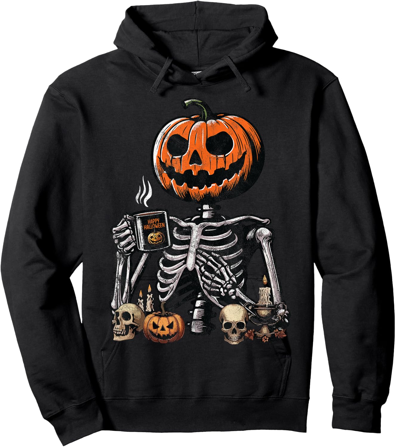Skeleton Pumpkin Coffee Drinking Funny Halloween Costume Hoodie - Hoodie | Black