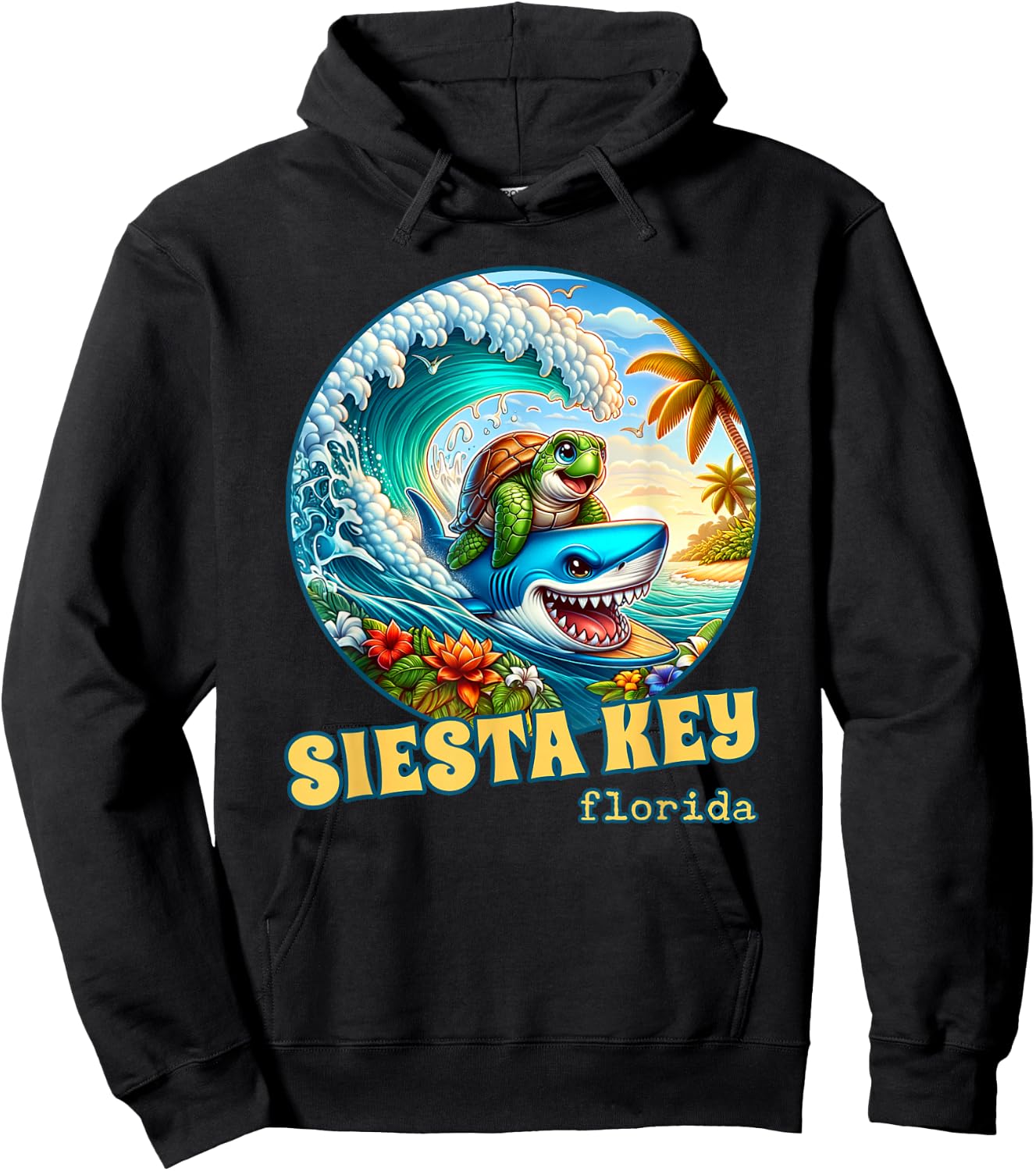 Siesta Key Florida Surfing Sea Turtle and Shark Hoodie - Hoodie | Black