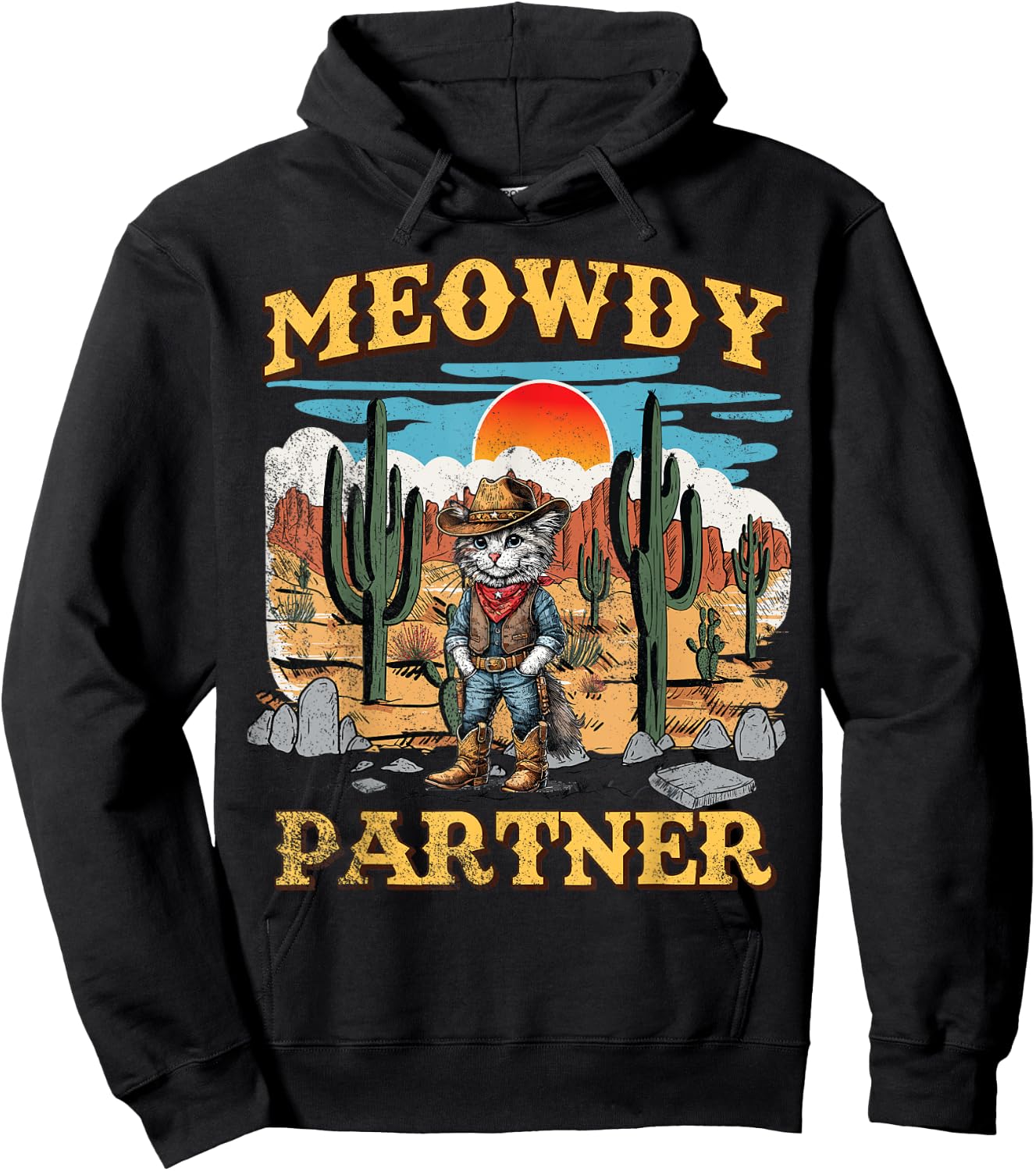 Meowdy Partner Western Cowboy Vintage Cat Hoodie - Hoodie | Black