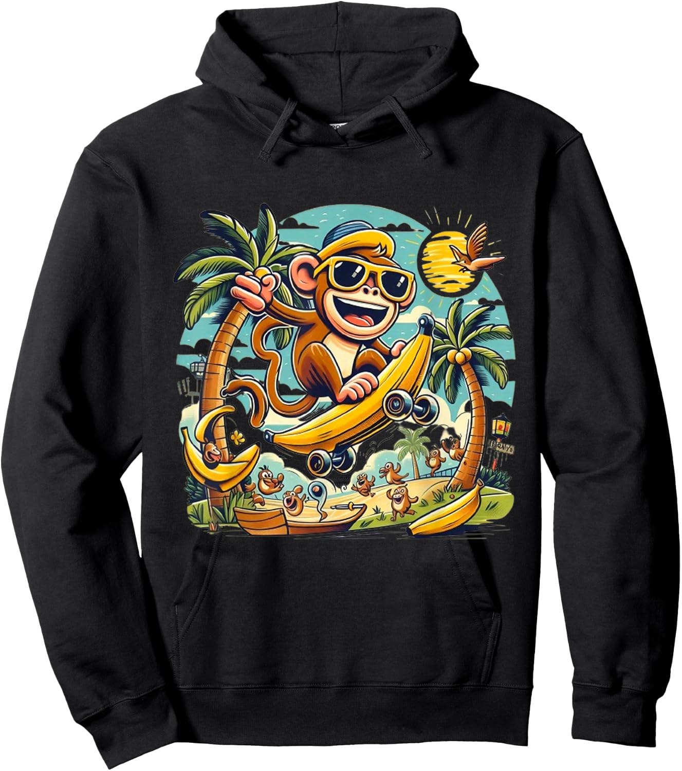 Cute Monkey Eat Banana & Skate for Skateboarding Lovers Hoodie - Hoodie | Black