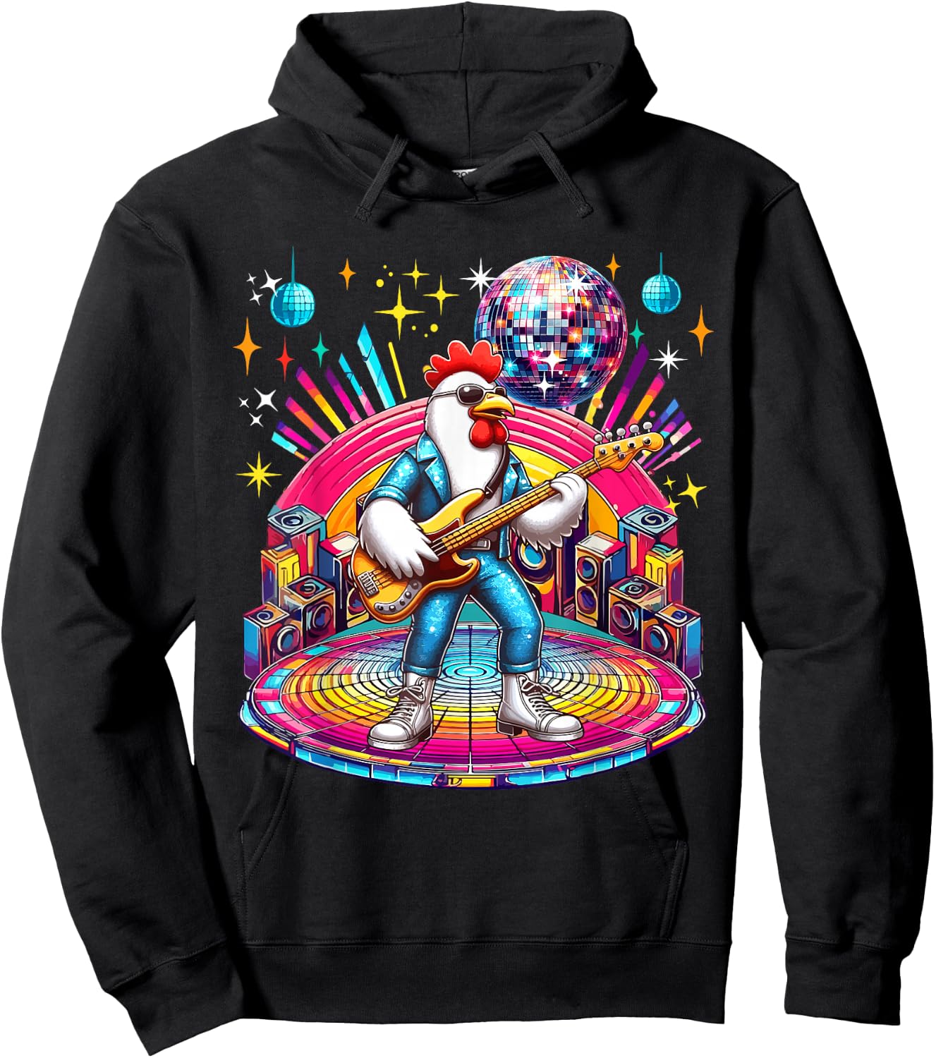 Chicken Sunglasses Playing Guitar Colourful Costume Disco Hoodie - Hoodie | Black