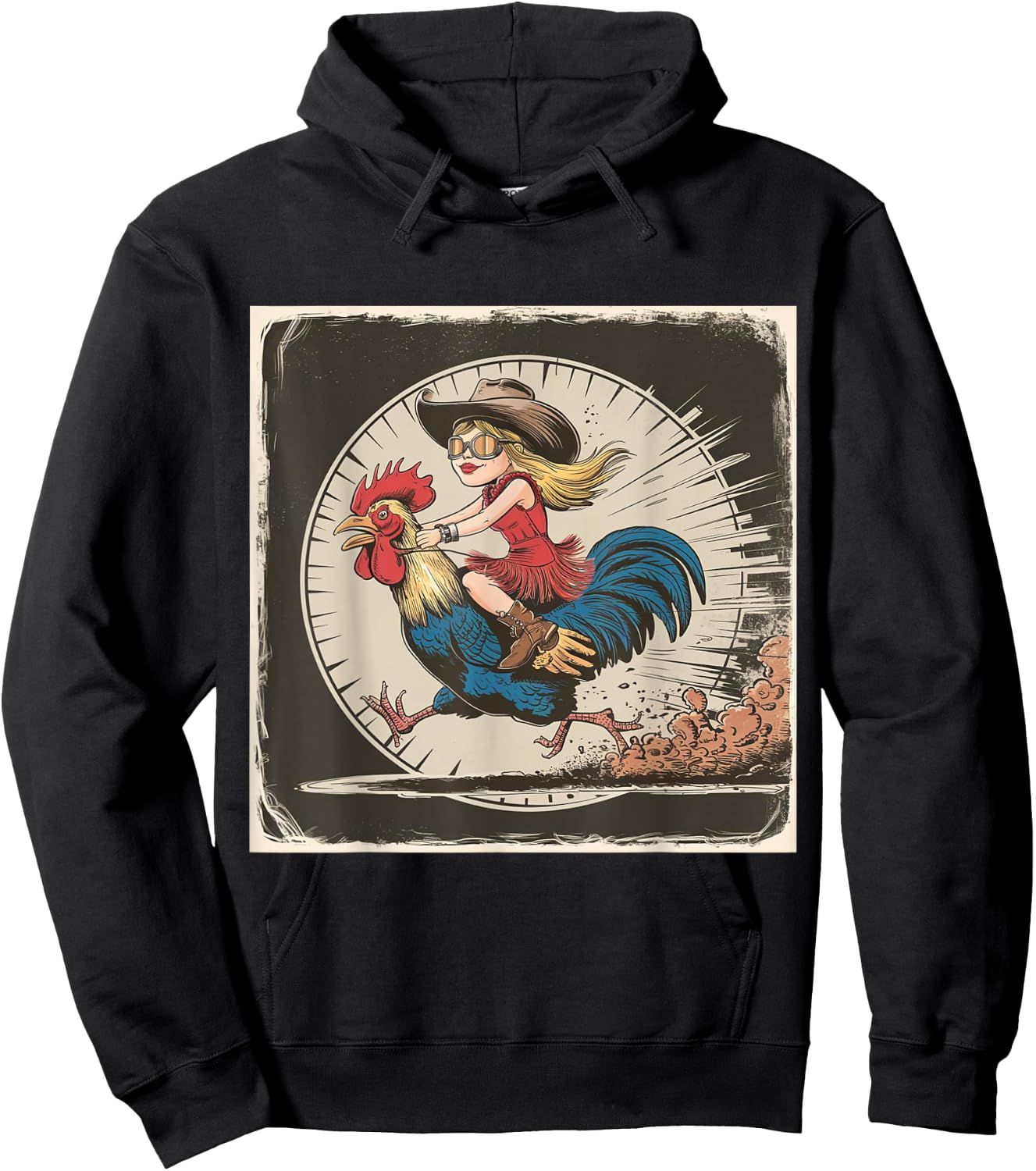 Funny Vintage Distressed Cowgirl Riding Chicken Rooster Hoodie - Hoodie | Black