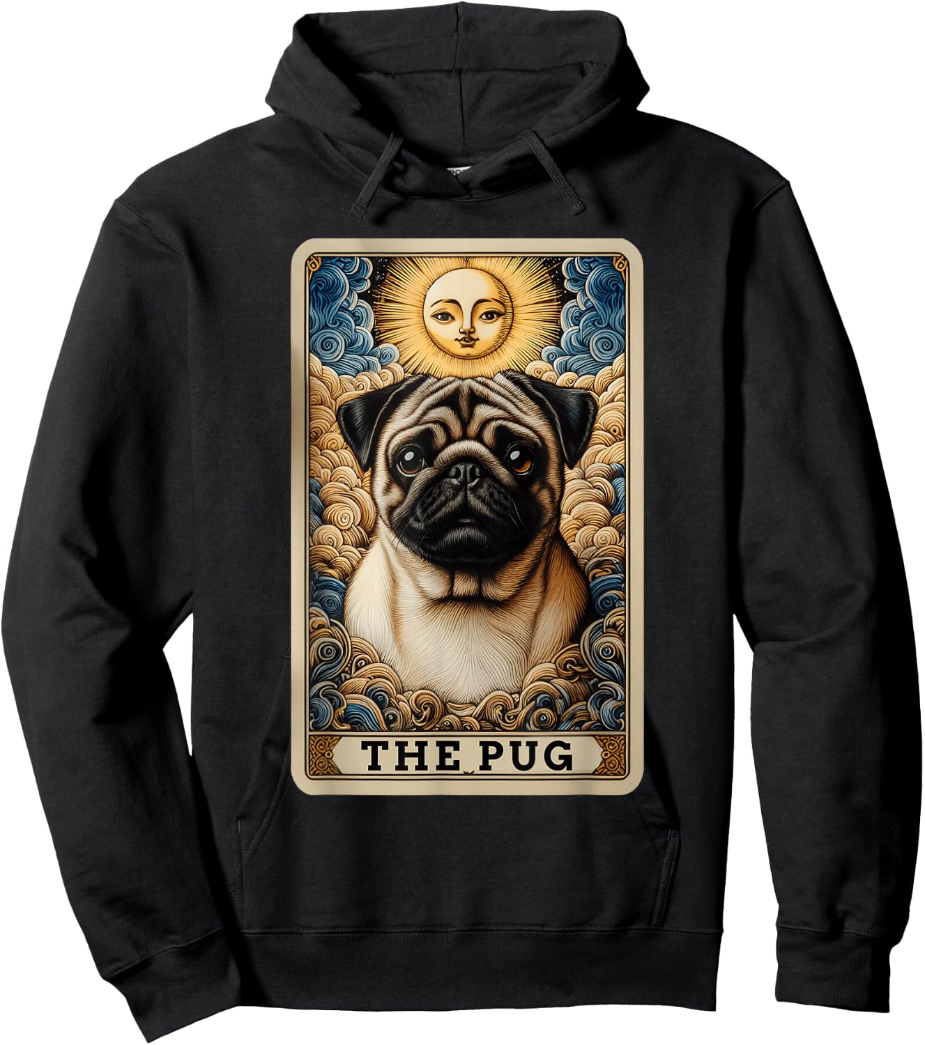 The Pug Tarot Card Dog Pug Dogs -Adult , Black, Small, Short Sleeve, Cartoon Dog Theme, Casual, Playful Hoodie - Hoodie | Black