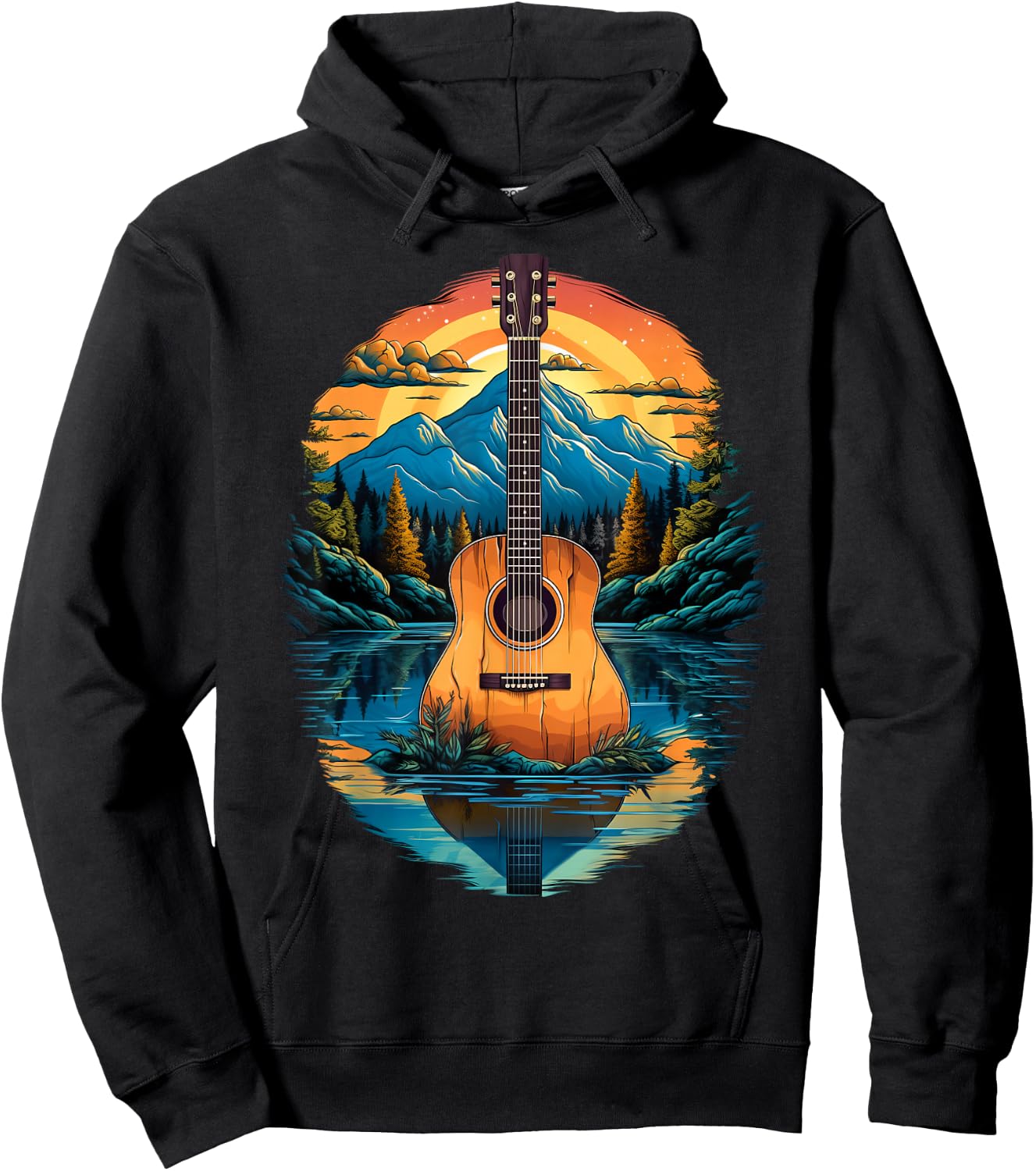 Acoustic Guitar Sunset By The Lake Hoodie - Hoodie | Black