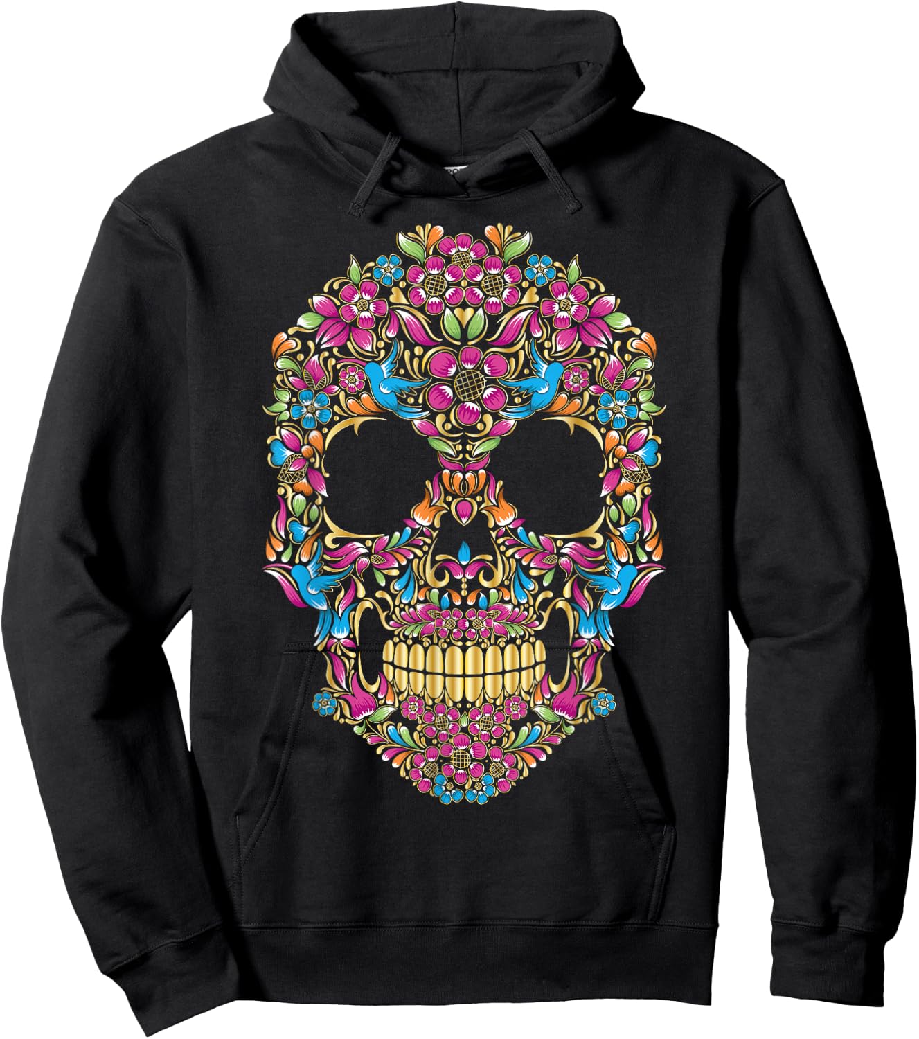 Colourful sugar skulls with flowers and birds | Camiseta Hoodie - Hoodie | Black