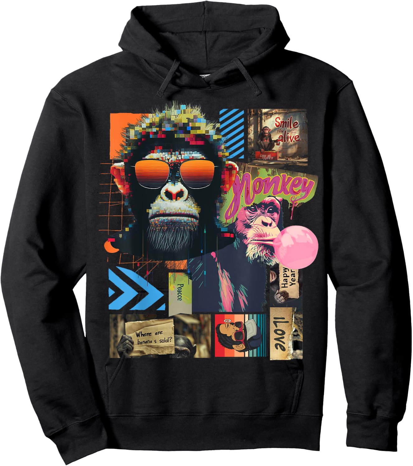 Monkey | Frontprint | Art Graphic Animal Artwork Monkey Hoodie - Hoodie | Black
