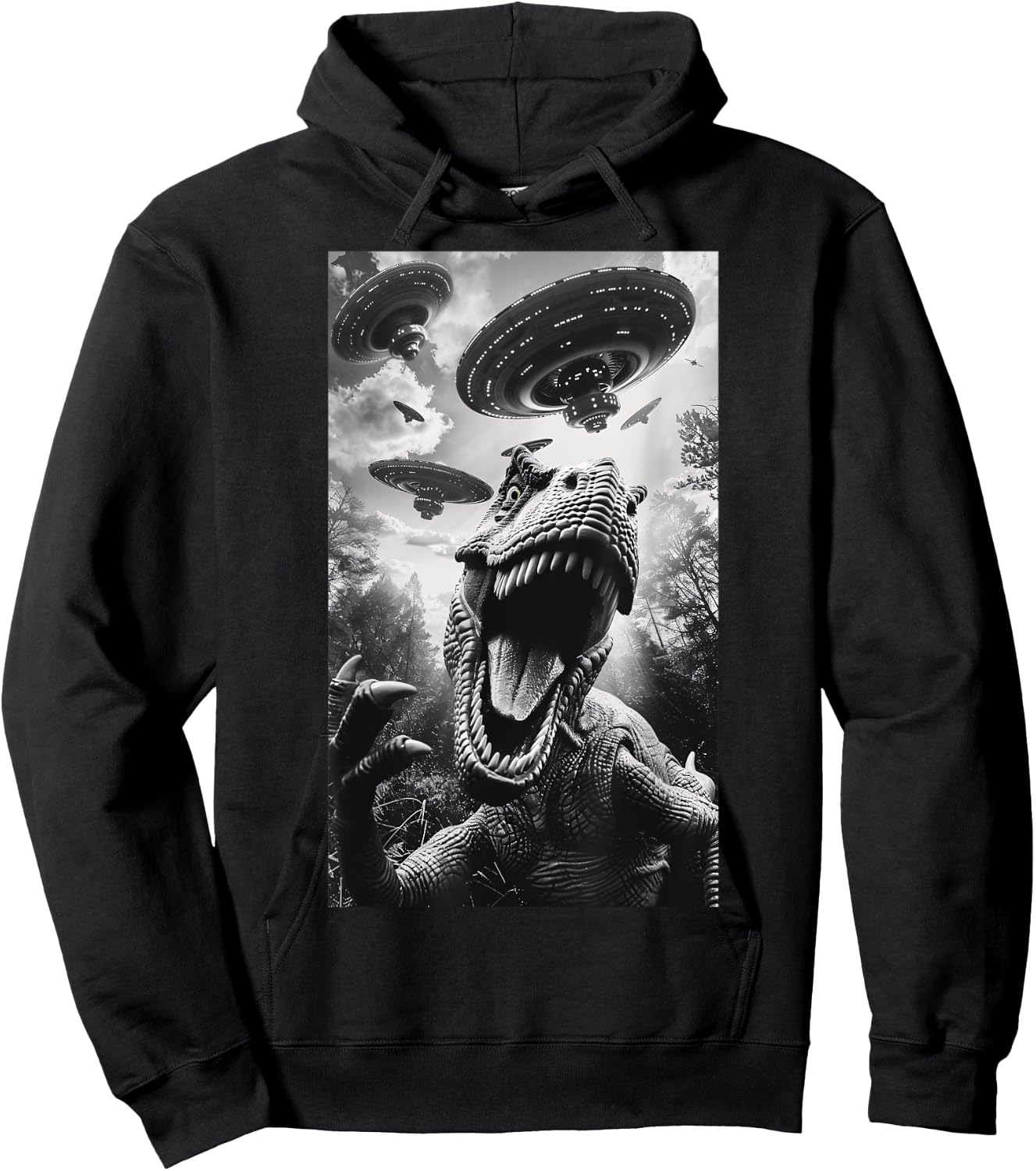 Funny T rex Dinosaur UFO Flying Saucer Alien Men Women Hoodie - Hoodie | Black
