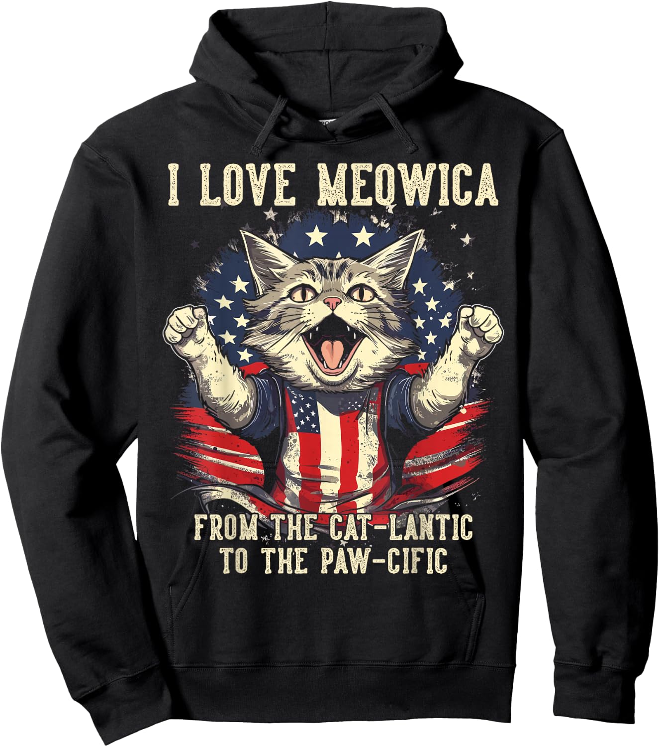 4th July Cat Lover, I Love Meowica Patriotic Funny Happy Cat Hoodie - Hoodie | Black