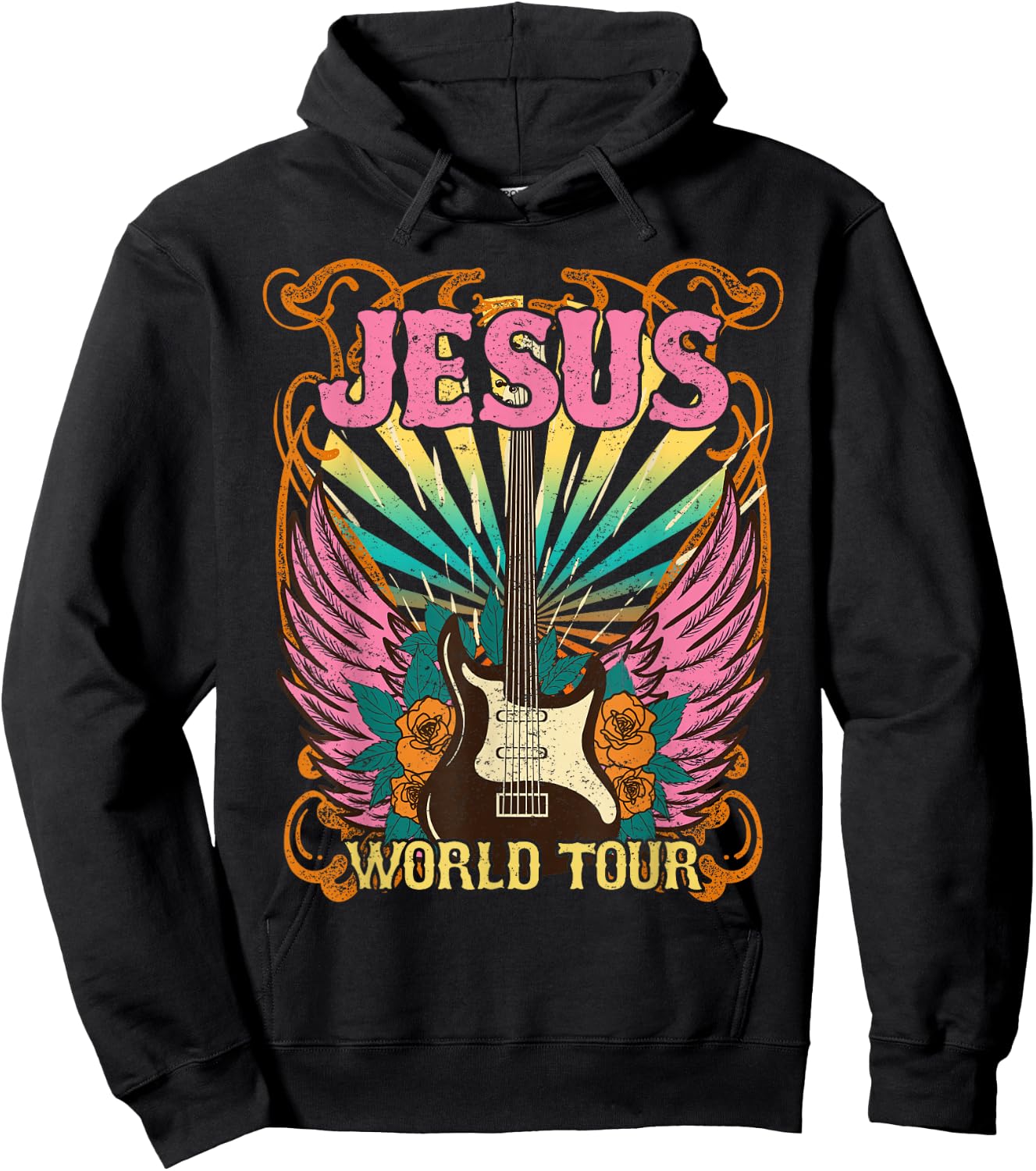 Jesus World Tour Retro 70s 80s Rock Concert Guitar Christian Hoodie - Hoodie | Black