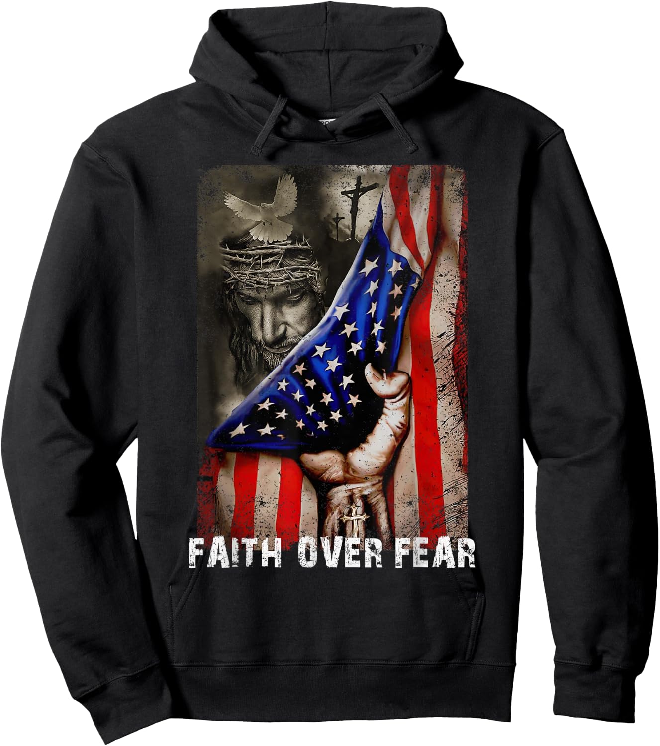Vintage Faith Over Fear God Jesus Christian Flag 4th Of July Kids Men Hoodie - Hoodie | Black