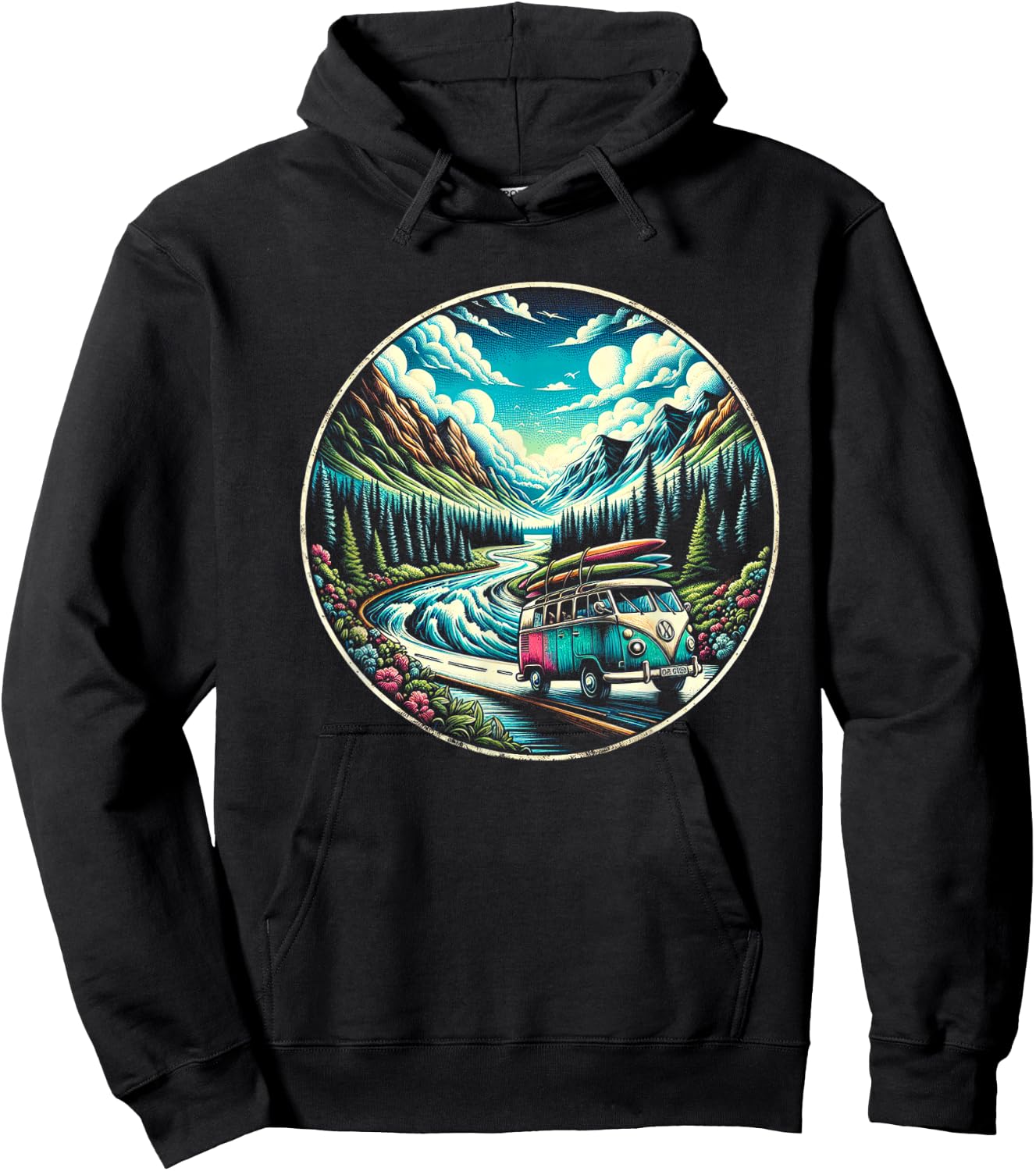 Classic Van Adventure in Scenic Mountains Hoodie - Hoodie | Black