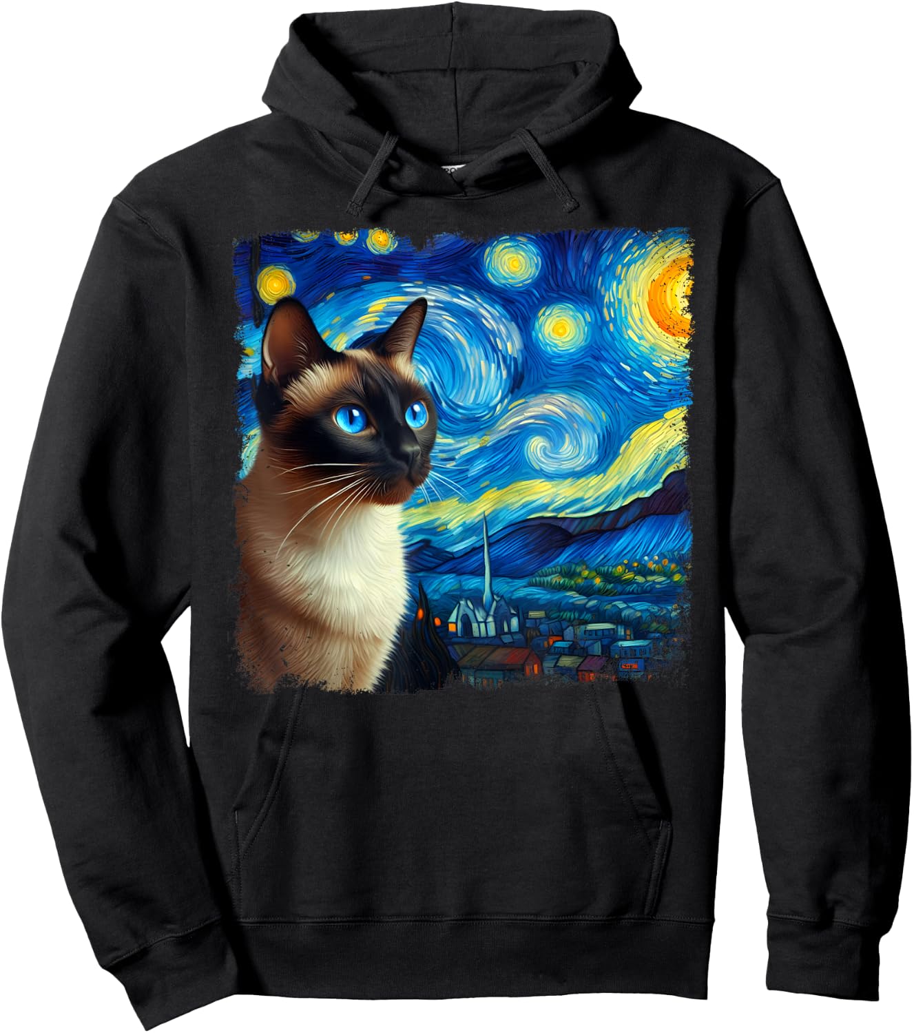 Funny Cute Siamese Cat Starry Night Van Gogh Painting Hoodie - Hoodie | Black