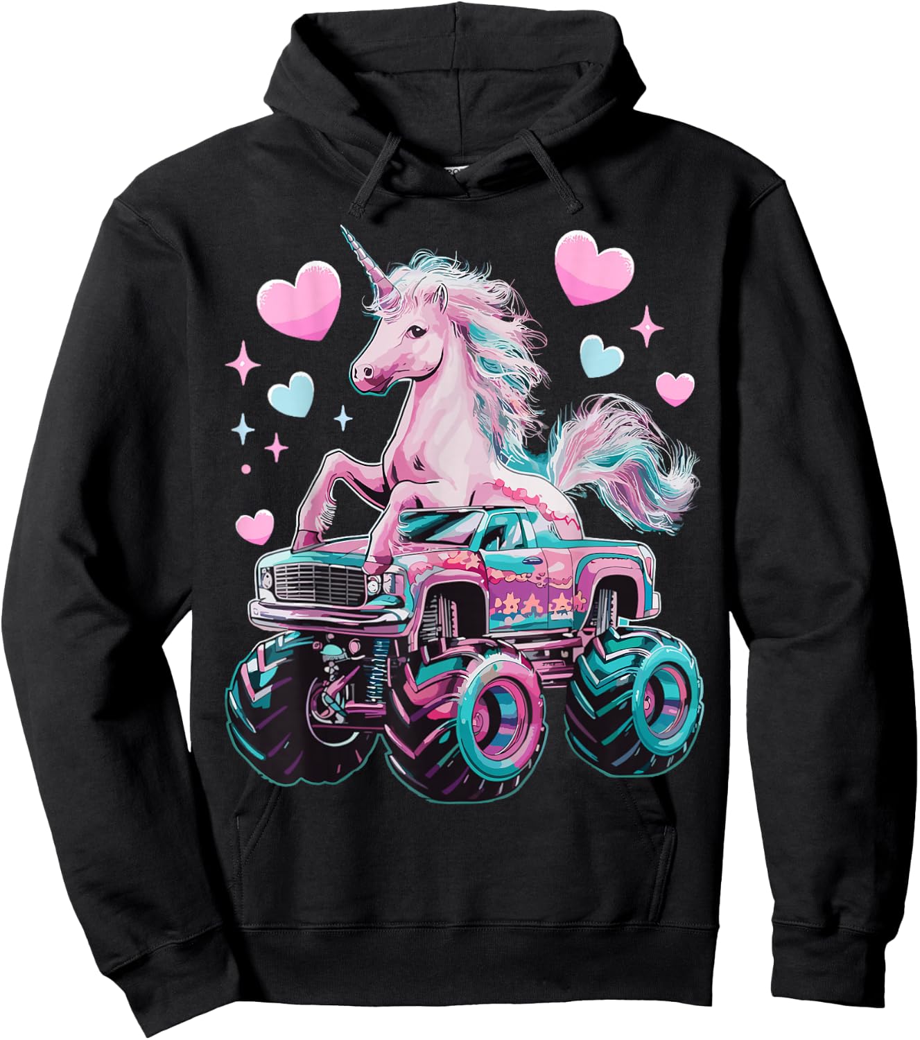Monster Truck Unicorn Girl Birthday Party Monster Truck Hoodie - Hoodie | Black